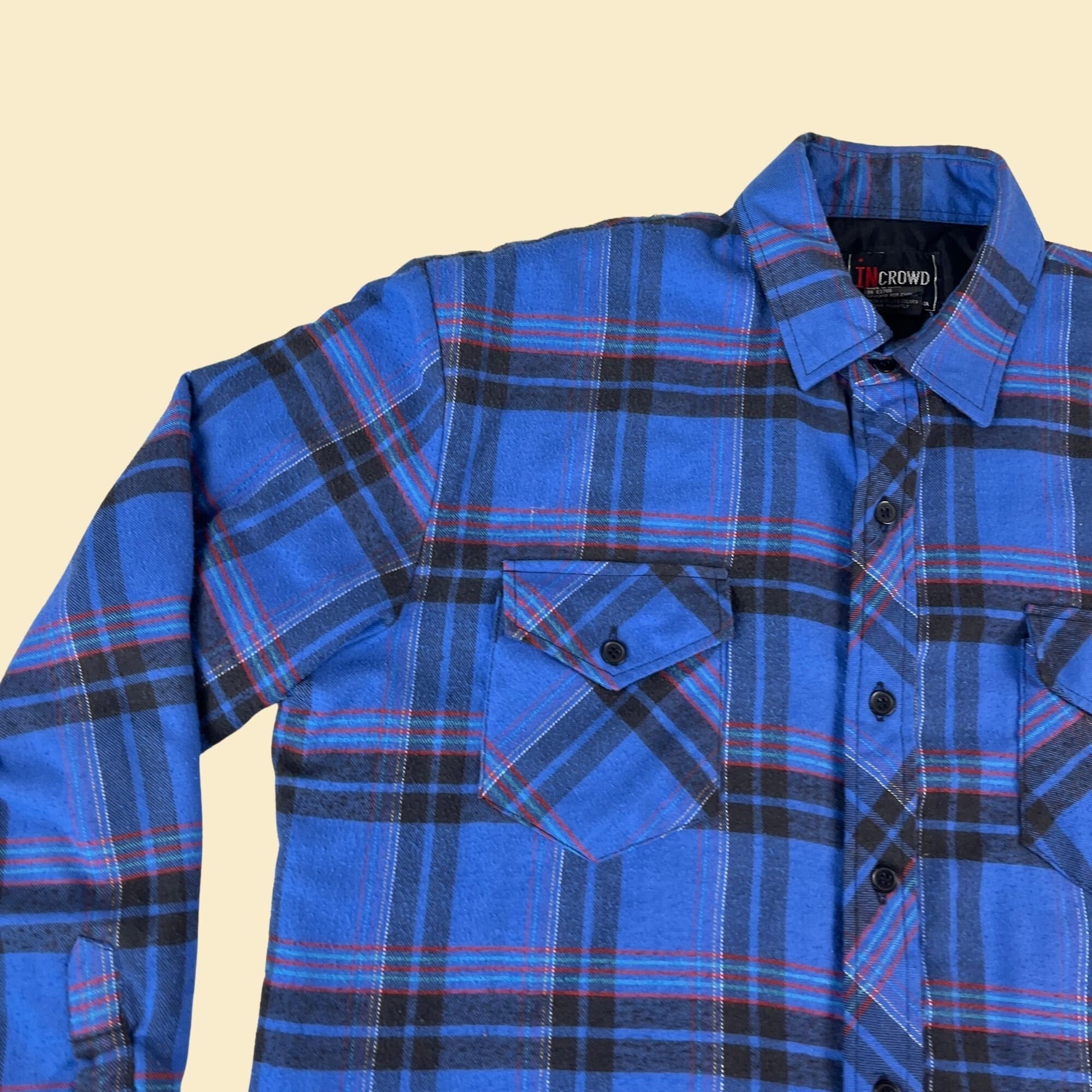 Vintage 90s thick flannel shirt w/ quilted lining, size L 1990s blue plaid puffer shirt by inCrowd by Celebration