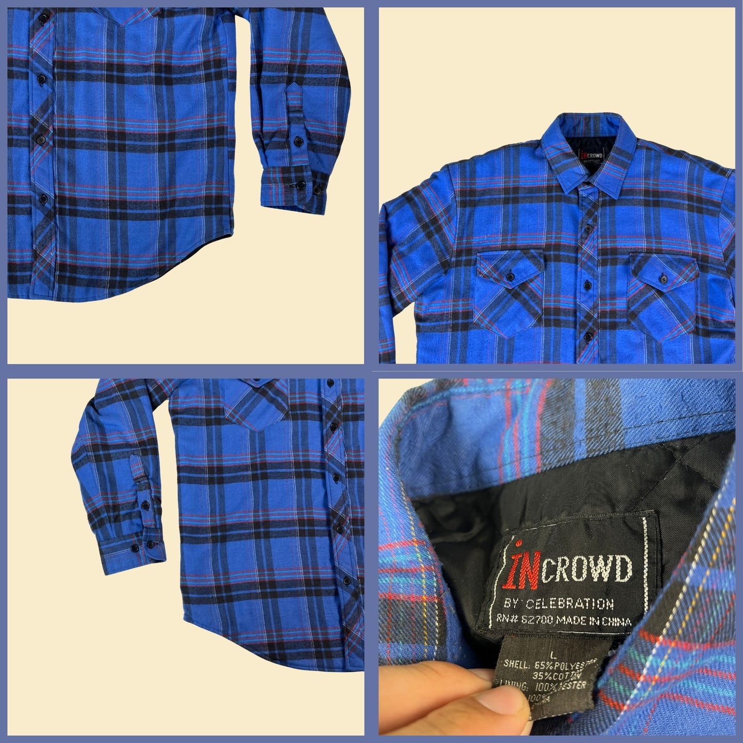 Vintage 90s thick flannel shirt w/ quilted lining, size L 1990s blue plaid puffer shirt by inCrowd by Celebration