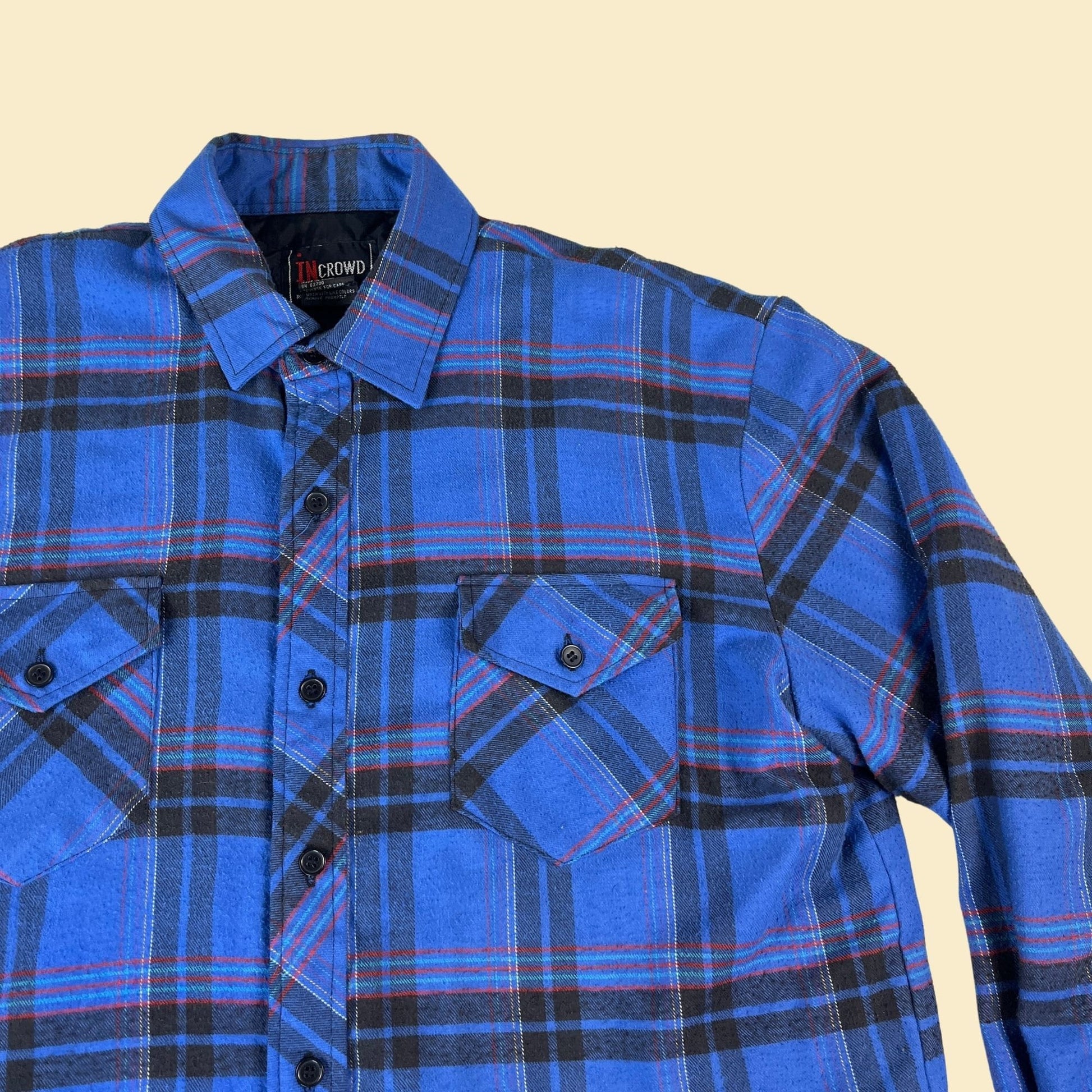 Vintage 90s thick flannel shirt w/ quilted lining, size L 1990s blue plaid puffer shirt by inCrowd by Celebration