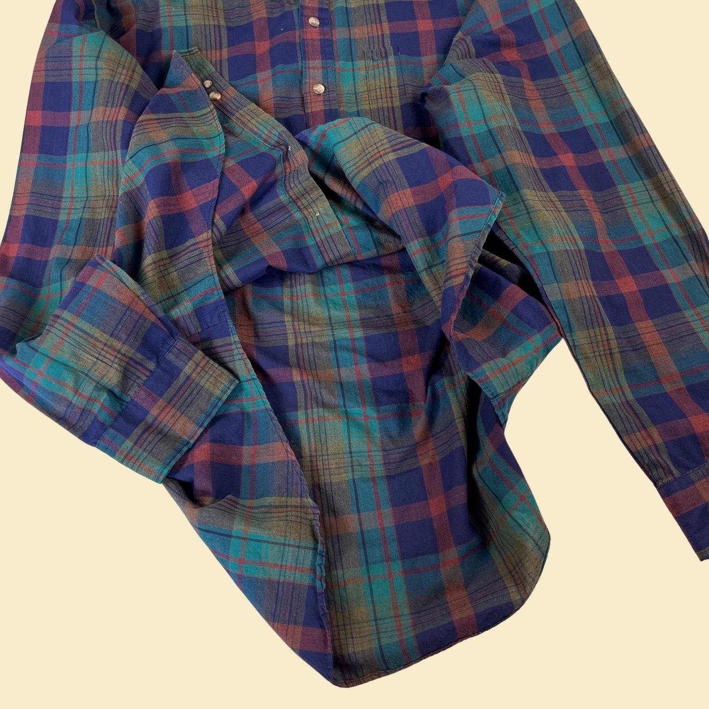 1990s XL McGregor Classics button down shirt, vintage teal & purple plaid men's lightweight shirt