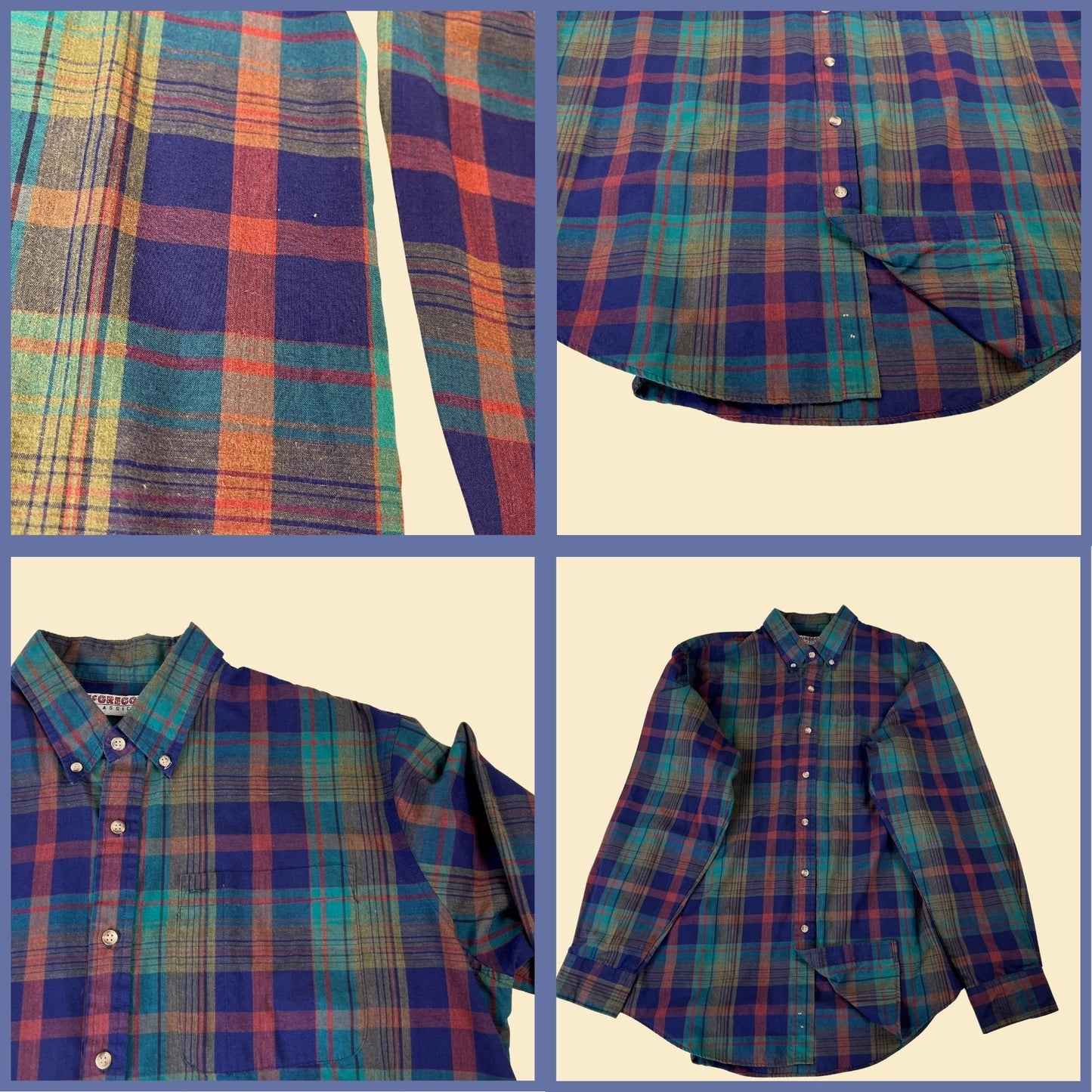 1990s XL McGregor Classics button down shirt, vintage teal & purple plaid men's lightweight shirt