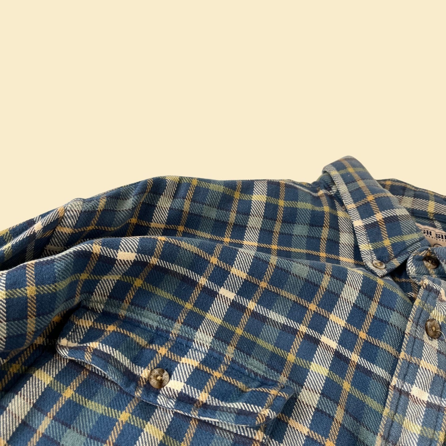 90s XL blue flannel shirt by High Sierra, vintage 1990s plaid blue & yellow long sleeve casual button down