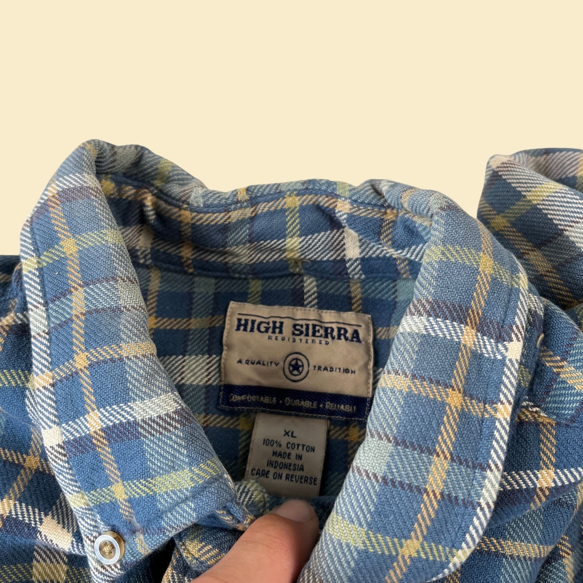 90s XL blue flannel shirt by High Sierra, vintage 1990s plaid blue & yellow long sleeve casual button down