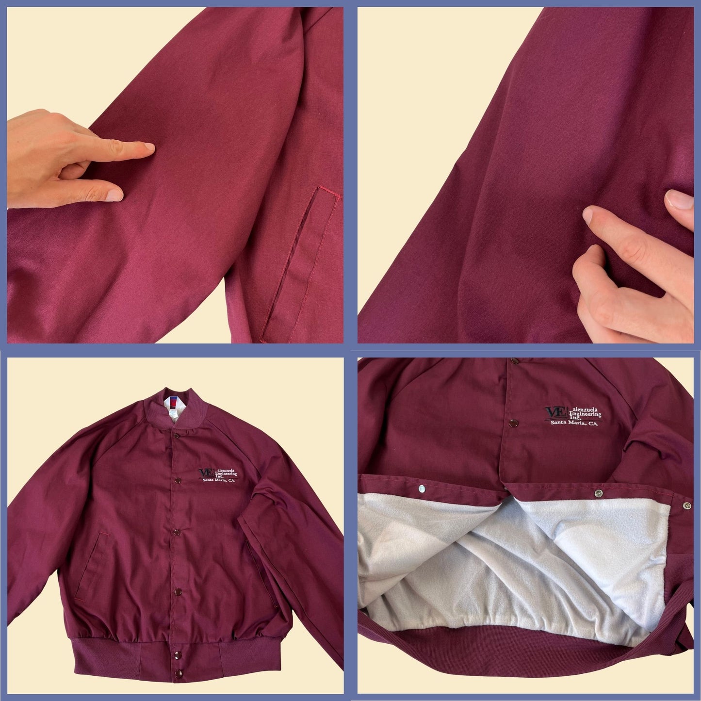 80s size L burgundy windbreaker, vintage 1980s corporate snap clasp bomber jacket w/ Alenzuela Engineering Santa Maria CA logo