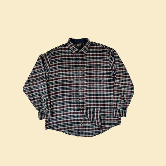 90s XL flannel shirt by Windridge, vintage green/burgundy plaid button down acrylic flannel shirt