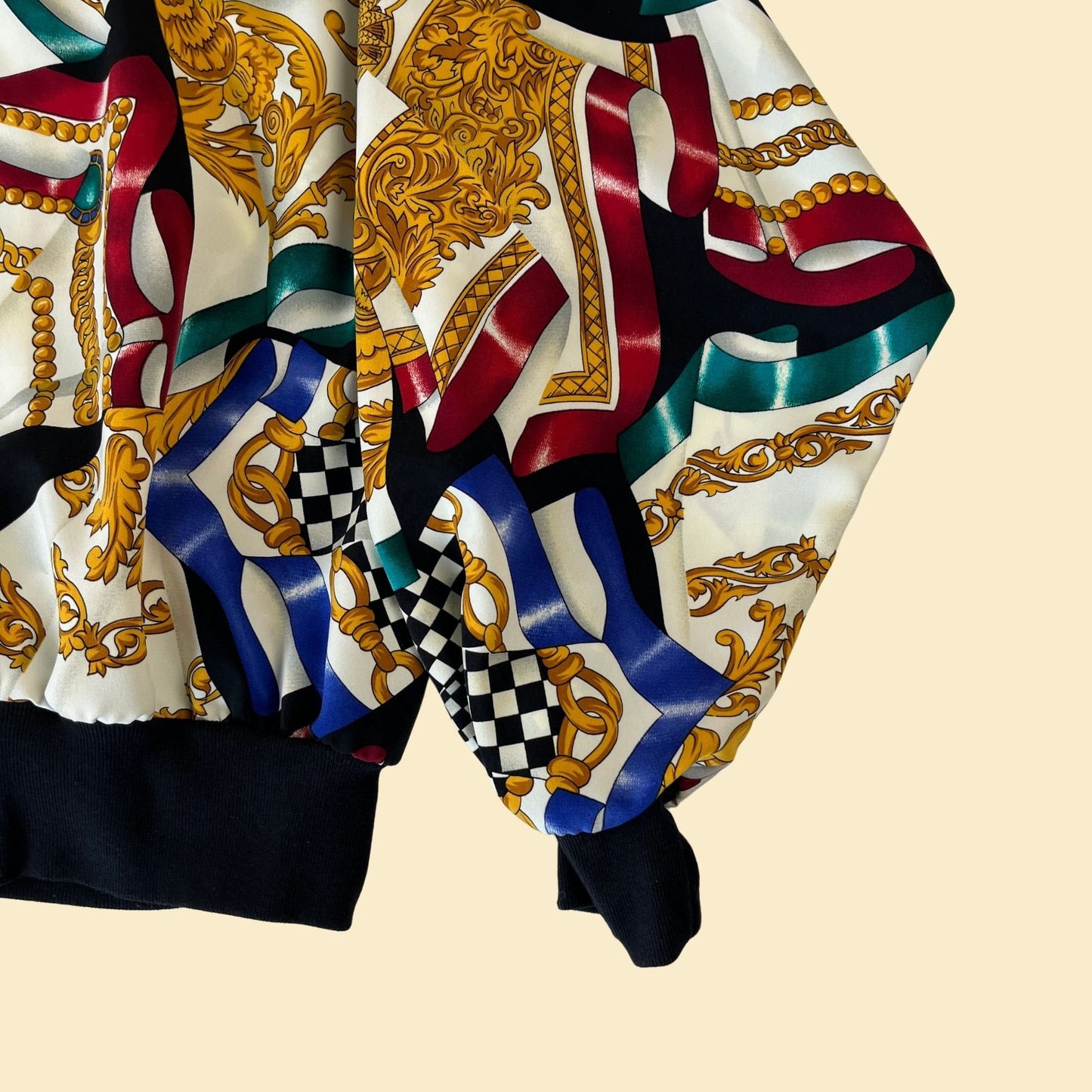 80s L baroque windbreaker by Cascais of California, vintage zip up gold & jewel-toned bomber jacket w/ shoulder pads