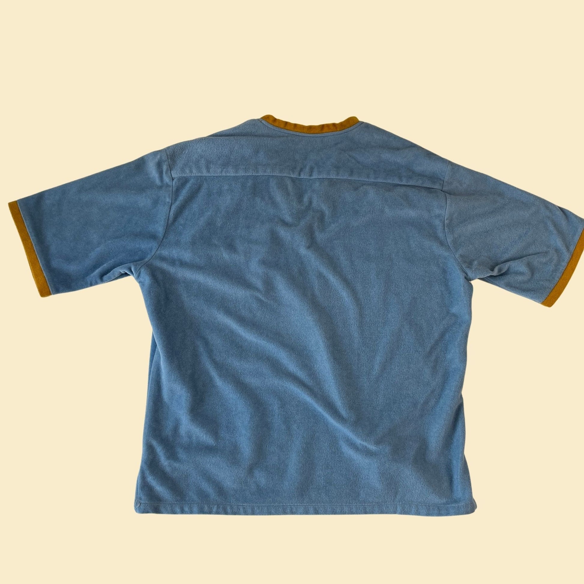 1960s blue & yellow v-neck men's shirt, vintage short sleeve velour/terry-cloth 60s t-shirt