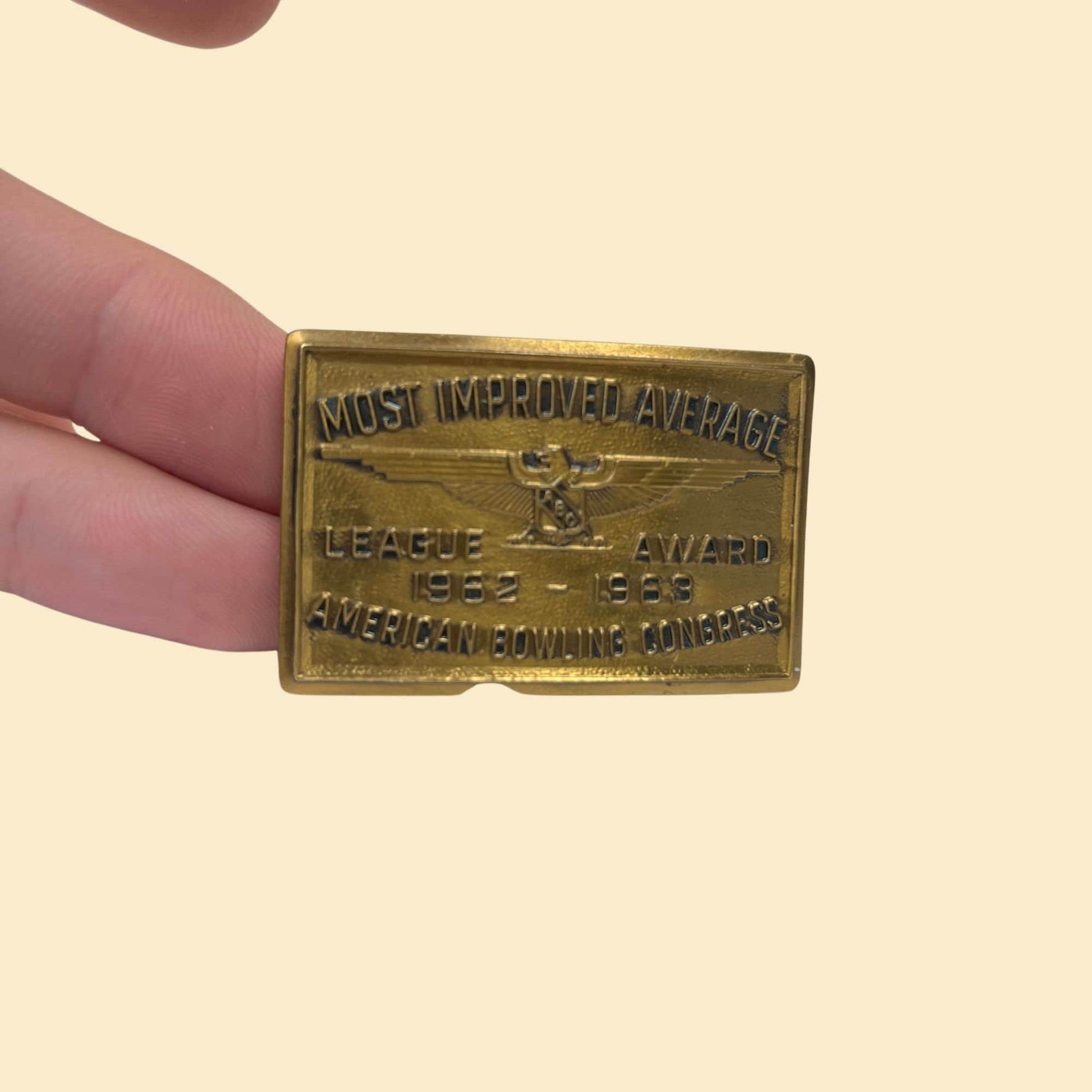 1962-1963 American Bowling Congress belt buckle, vintage 60s brass-toned rectangular belt buckle