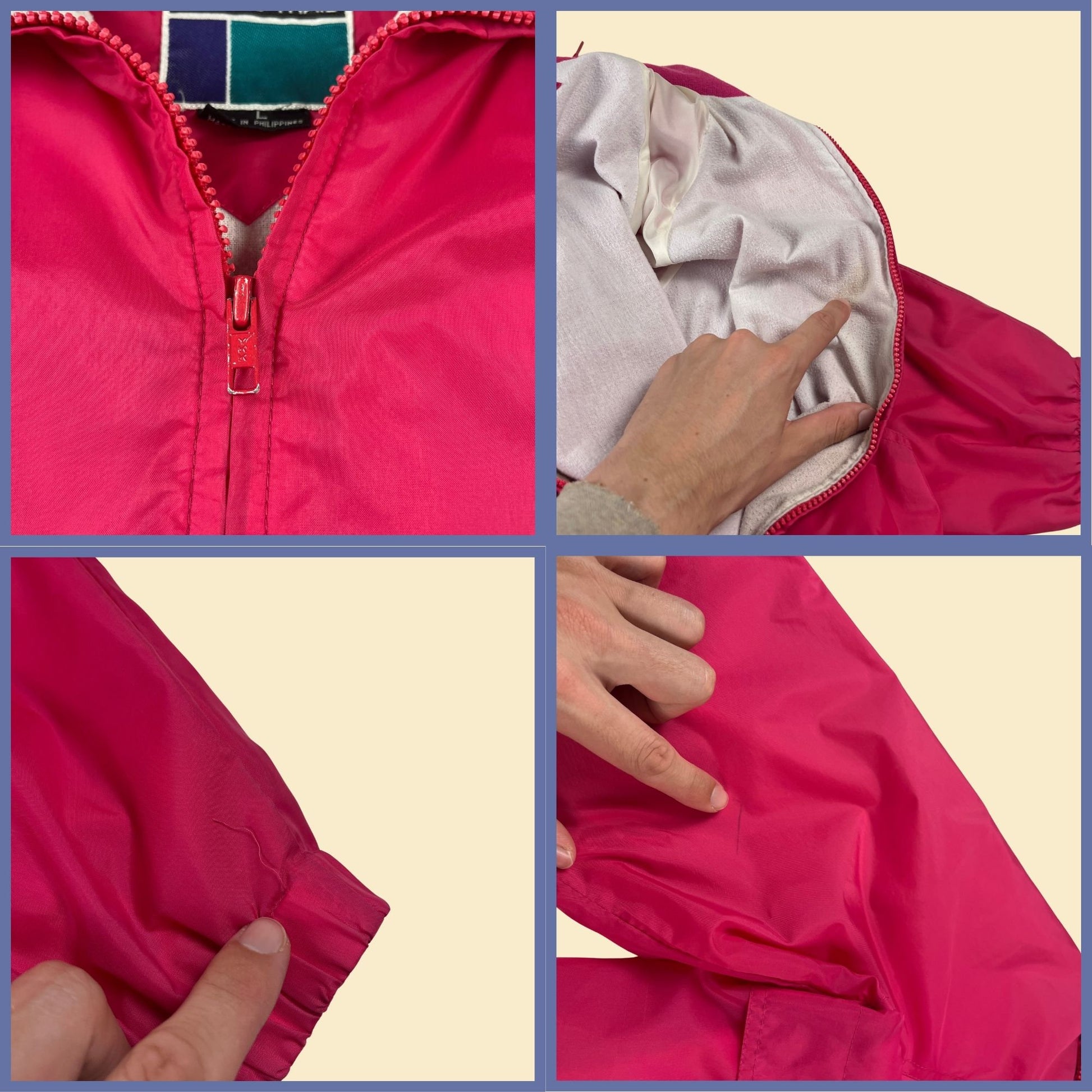 90s neon pink windbreaker by Pacific Trail, size L vintage 1990s zip up hooded lightweight windbreaker