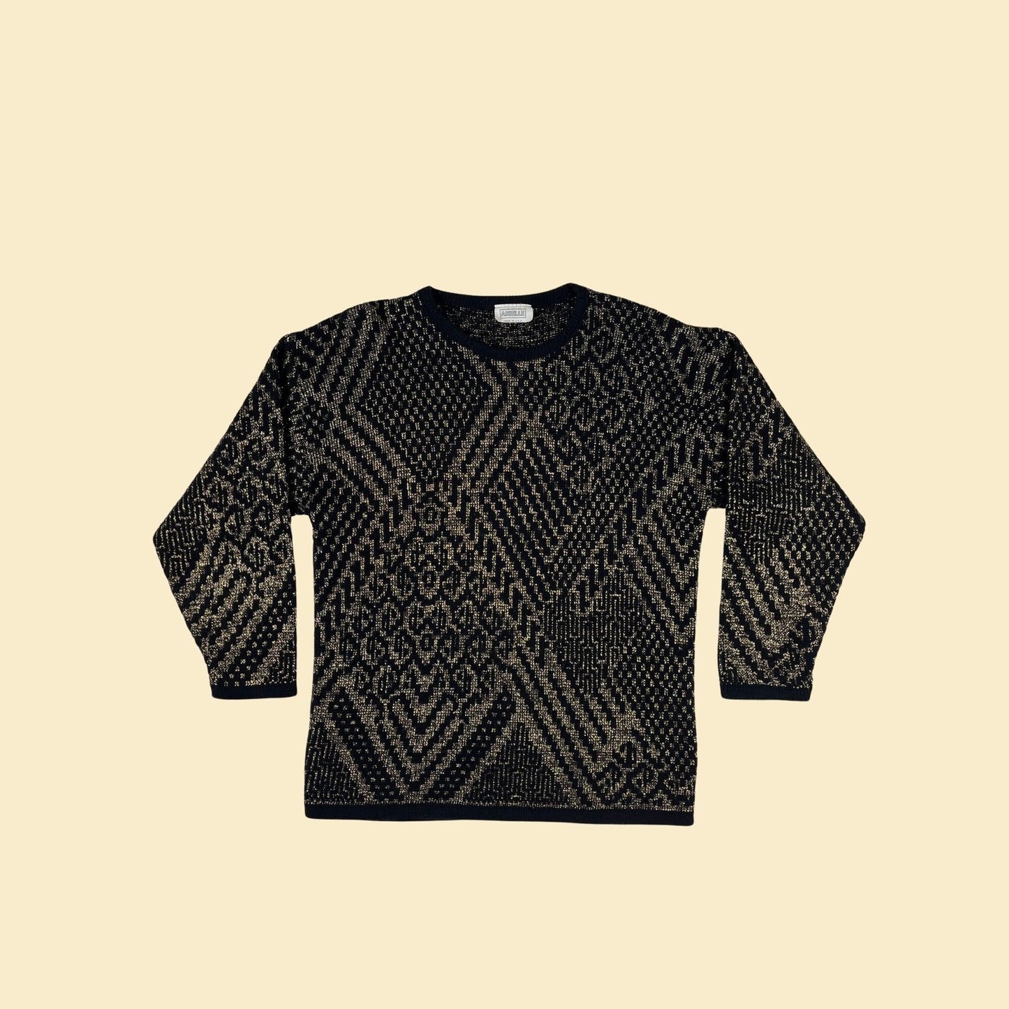 1980s black & gold sweater by Arielle, vintage pullover black sweater w/ geometric gold pattern