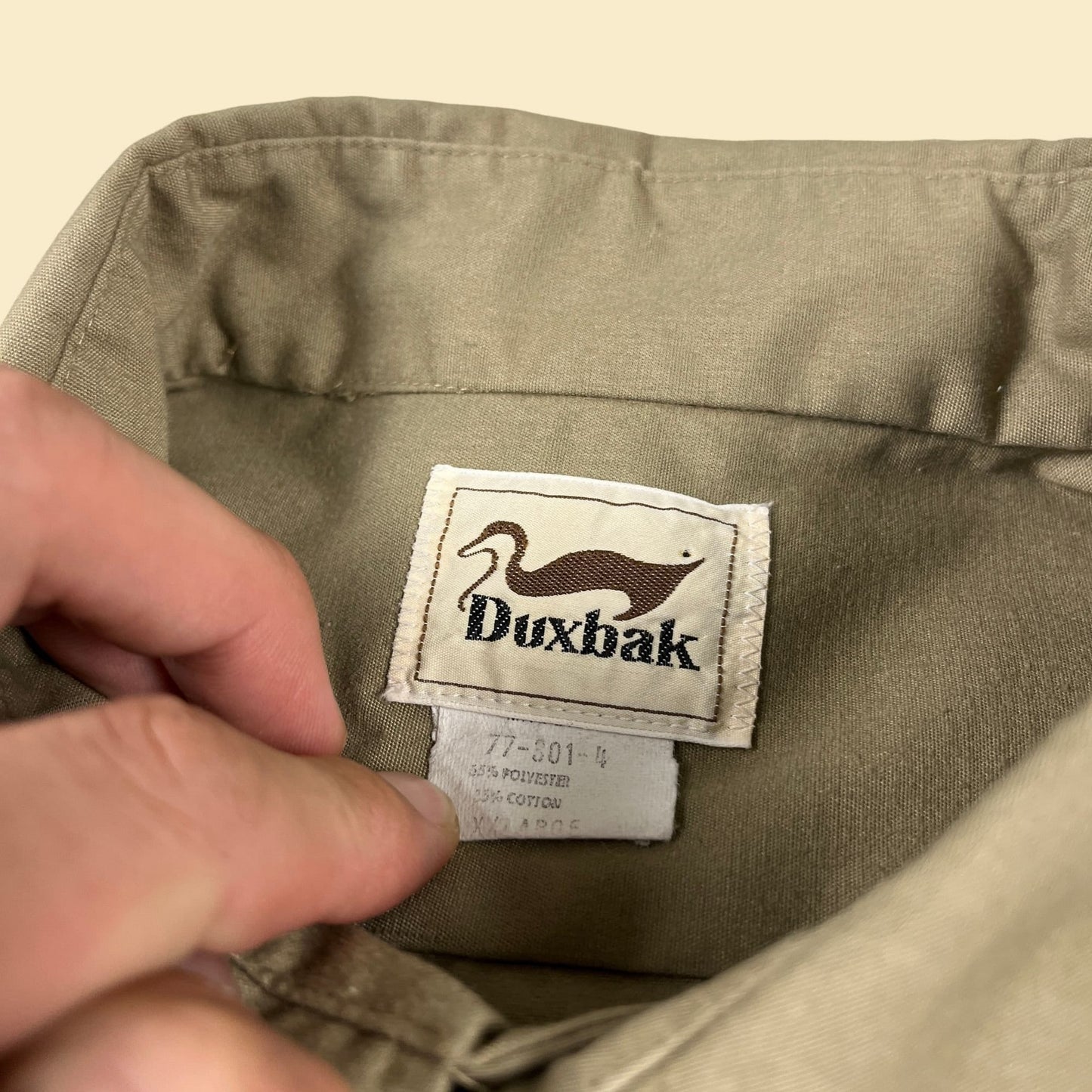 80s khaki XL men's shirt by Duxbak, vintage button down beige long sleeve shirt w/ duck logo, 1980s men's outdoors button down