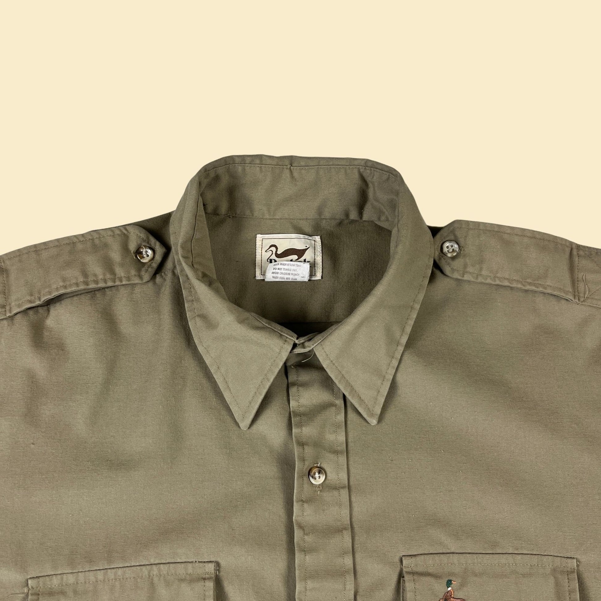 80s khaki XL men's shirt by Duxbak, vintage button down beige long sleeve shirt w/ duck logo, 1980s men's outdoors button down