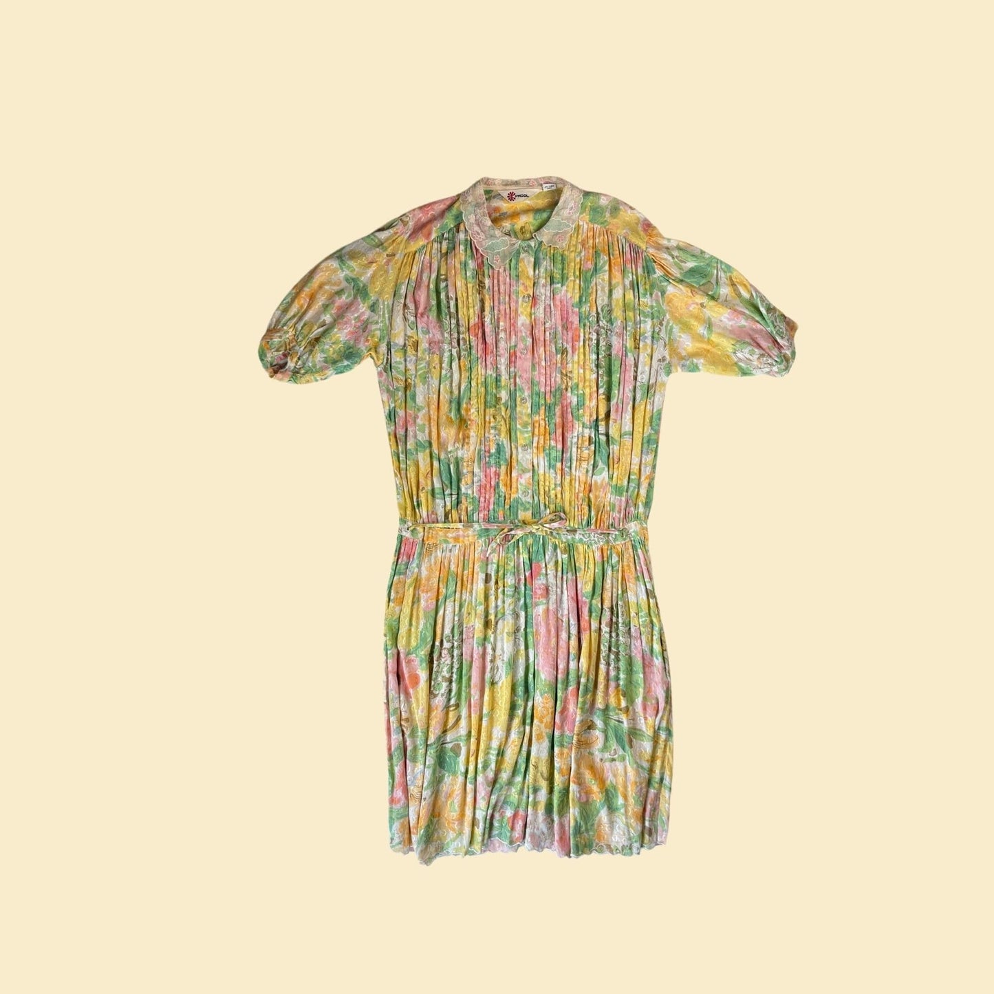 1970s Phool pleated floral dress, size M vintage 70s pink, yellow and green short sleeve pastel midi to maxi dress, India made