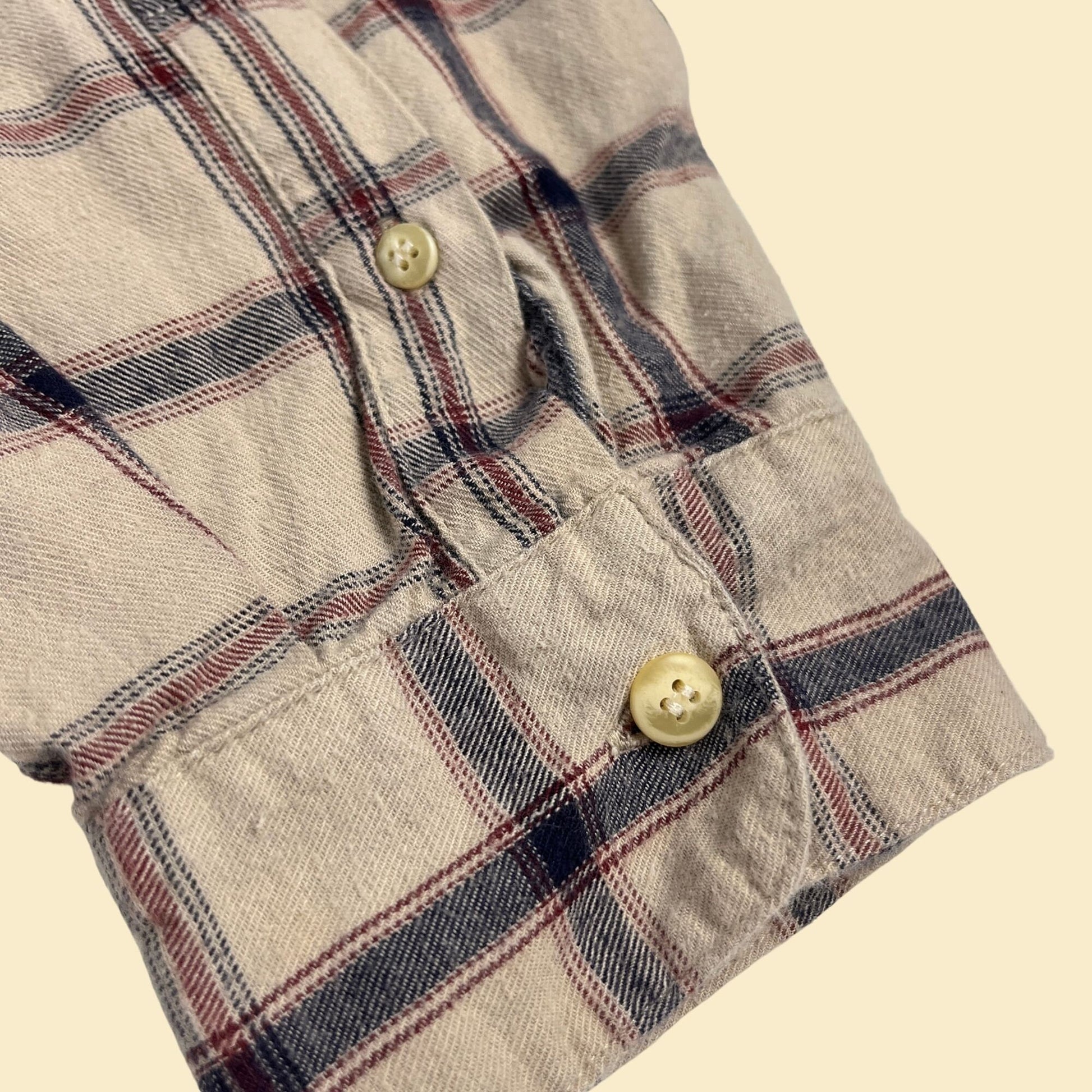 Vintage 90s flannel by Bugle Boy Original, size XXL beige, blue and burgundy long sleeve button down shirt