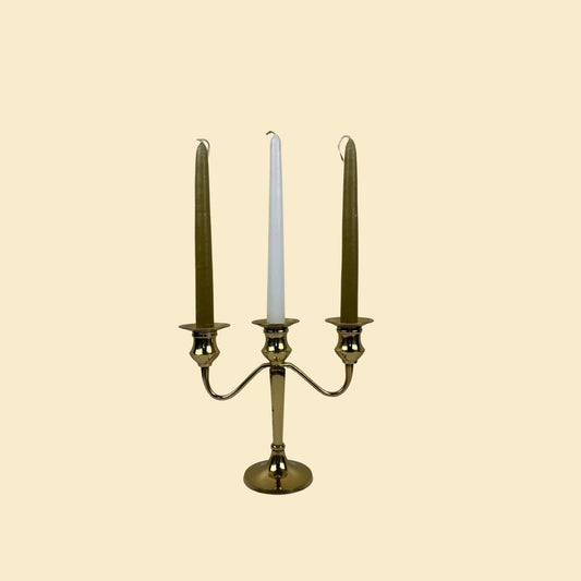 Vintage 1980s brass candelabra, 8" tall heavy metal gold-toned candelabra, taper candle holder