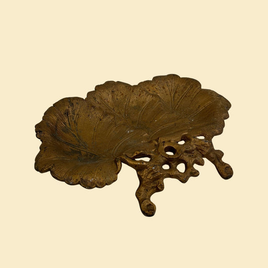 Vintage leaf-shaped cast metal tray, gold-toned cast-iron filigree leaf shaped catch all plate