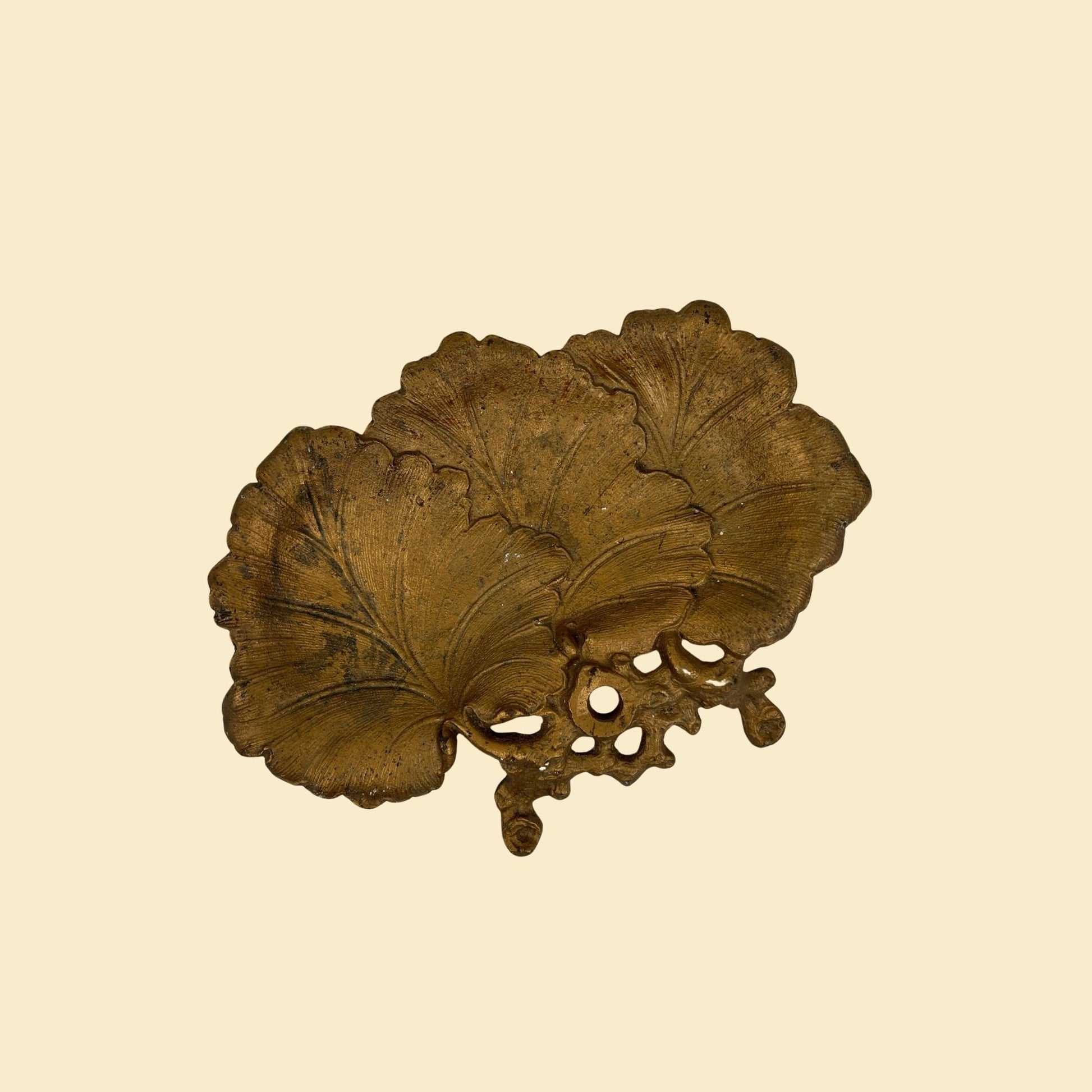 Vintage leaf-shaped cast metal tray, gold-toned cast-iron filigree leaf shaped catch all plate