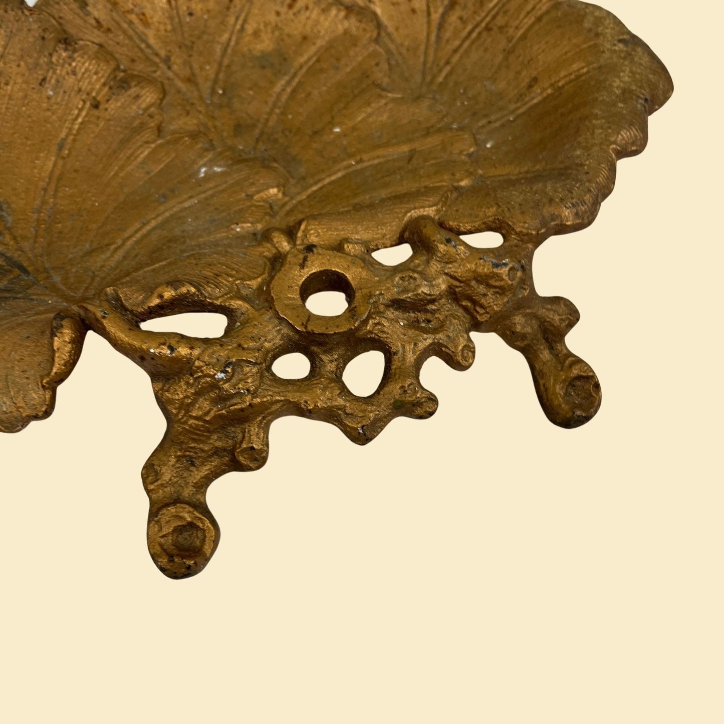 Vintage leaf-shaped cast metal tray, gold-toned cast-iron filigree leaf shaped catch all plate