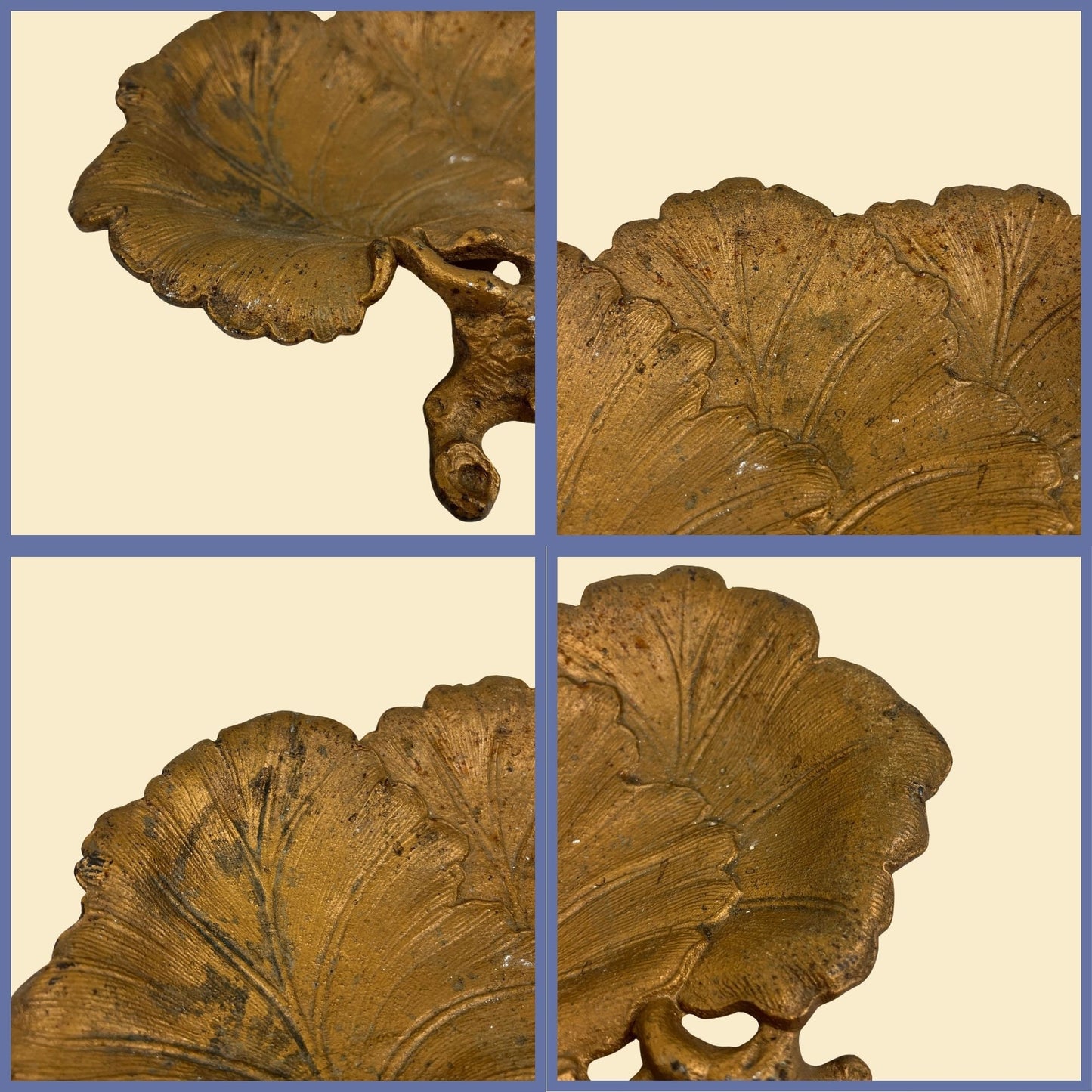 Vintage leaf-shaped cast metal tray, gold-toned cast-iron filigree leaf shaped catch all plate