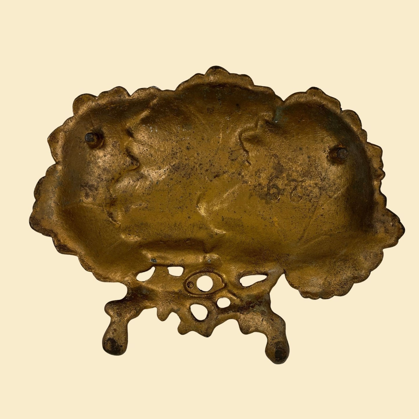 Vintage leaf-shaped cast metal tray, gold-toned cast-iron filigree leaf shaped catch all plate