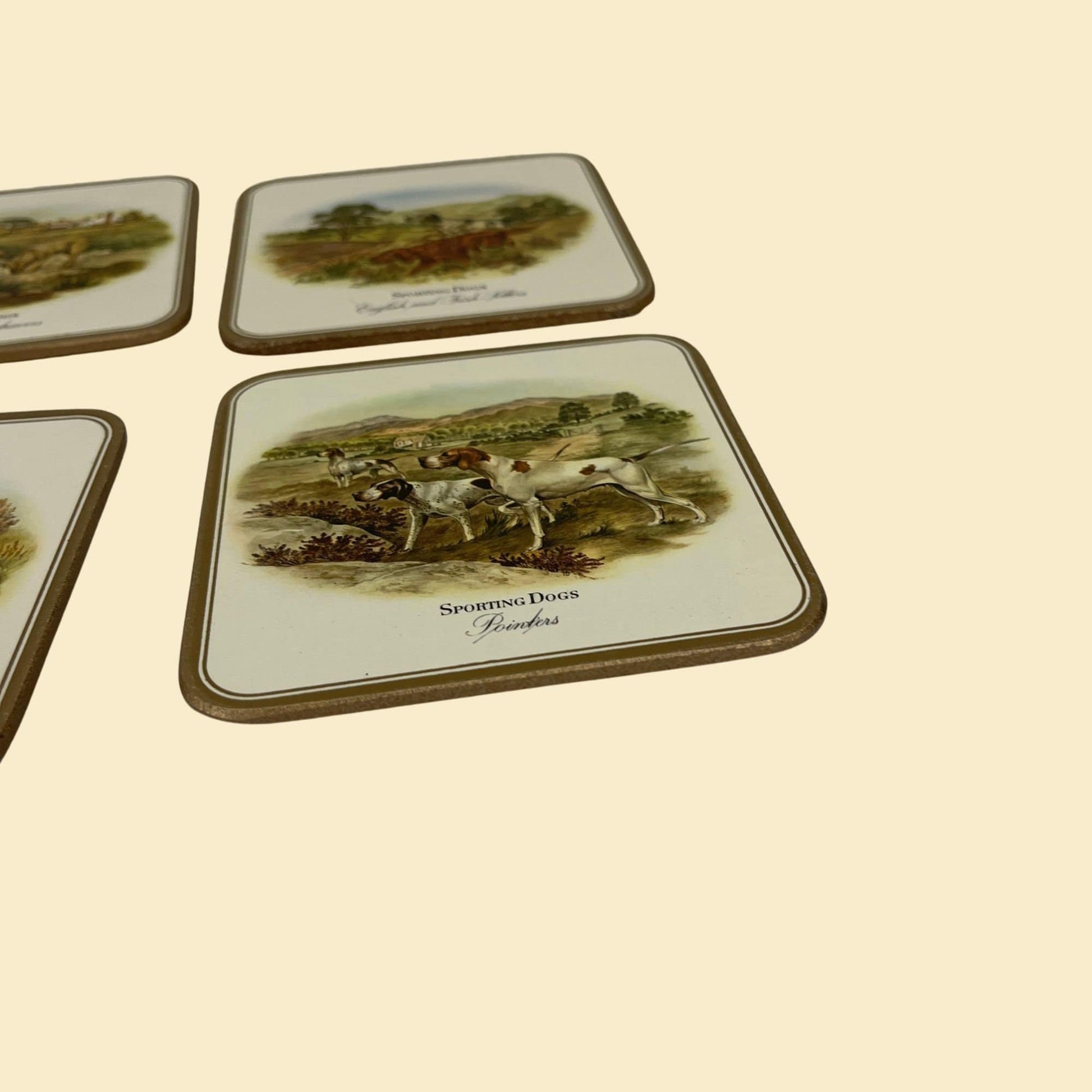 1970s sporting dog coasters by Pimpernel, vintage (NOS) set of 6 dog themed square cork coasters