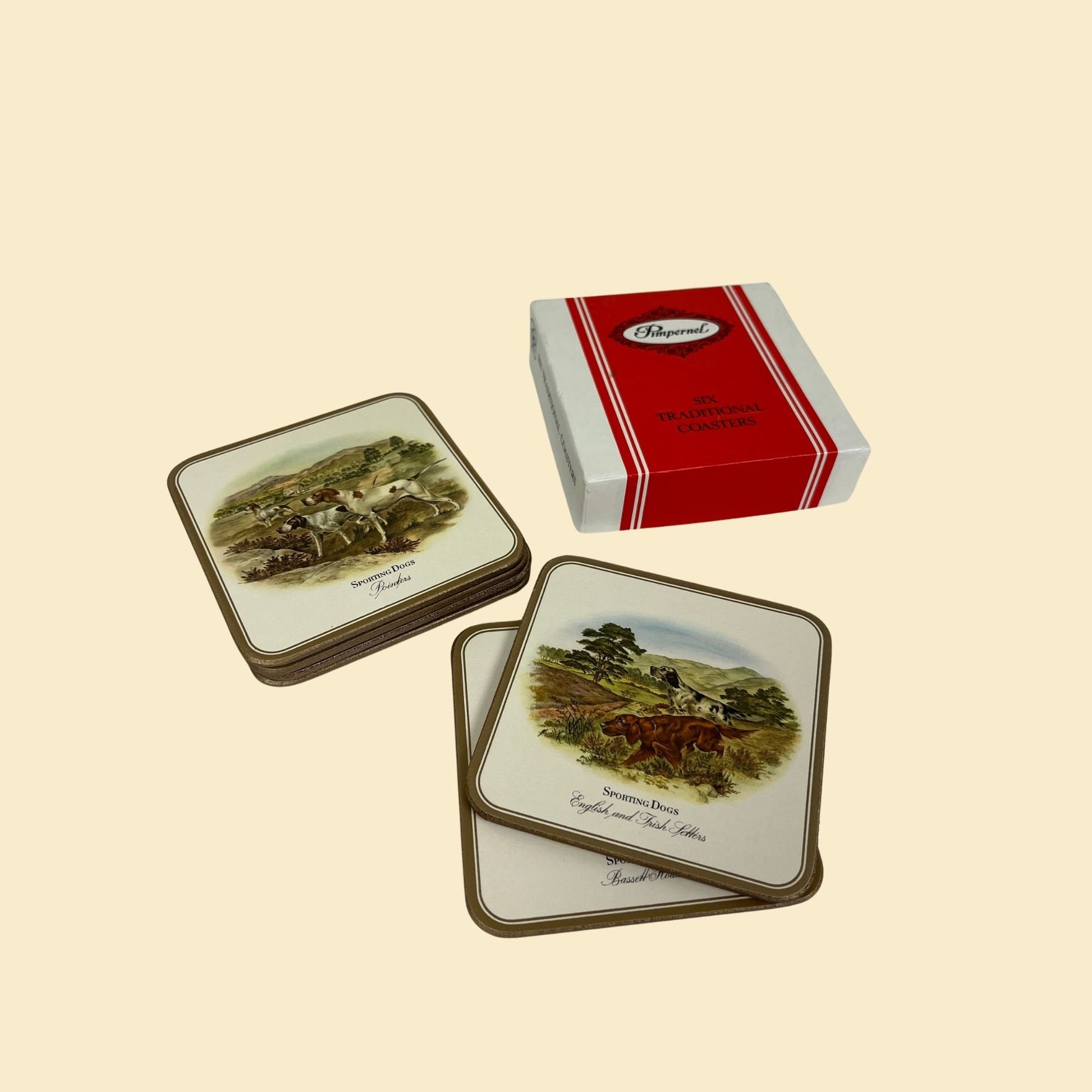 1970s sporting dog coasters by Pimpernel, vintage (NOS) set of 6 dog themed square cork coasters