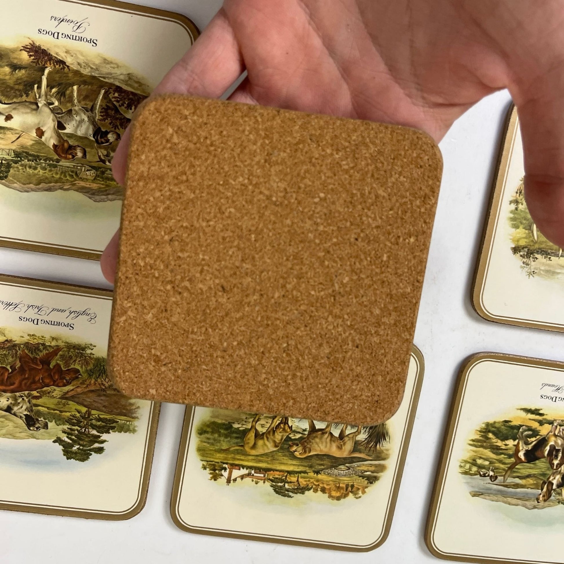 1970s sporting dog coasters by Pimpernel, vintage (NOS) set of 6 dog themed square cork coasters