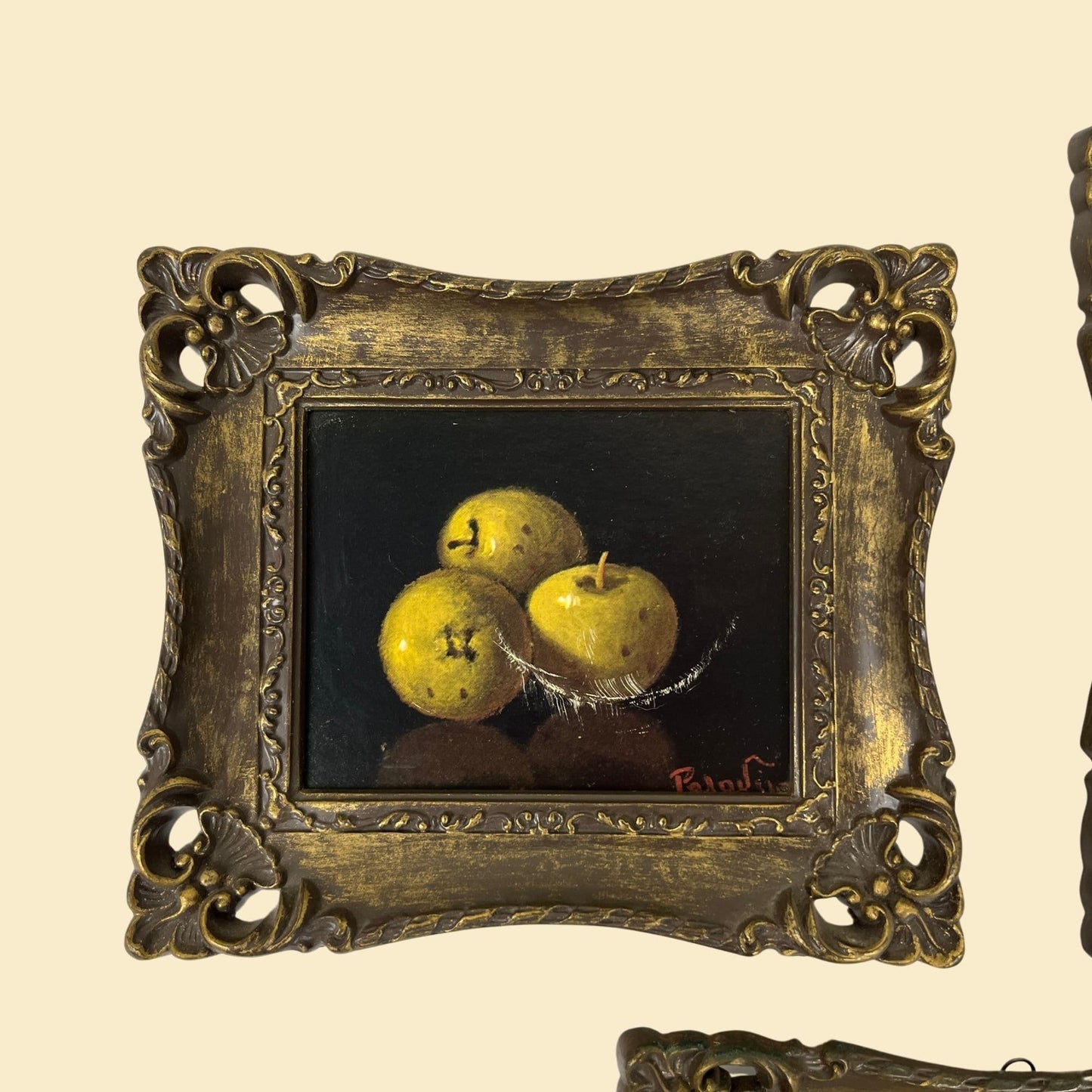 1960s wall hanging fruit prints in filagree plastic gold-gilt frames, set of 3 vintage 60s gallery wall prints