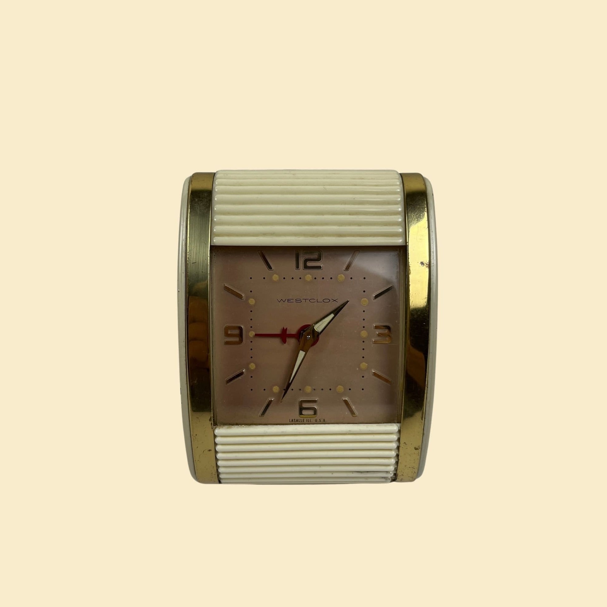 1960s travel alarm clock by Westclox, vintage 60s beige/brass wind up alarm clock