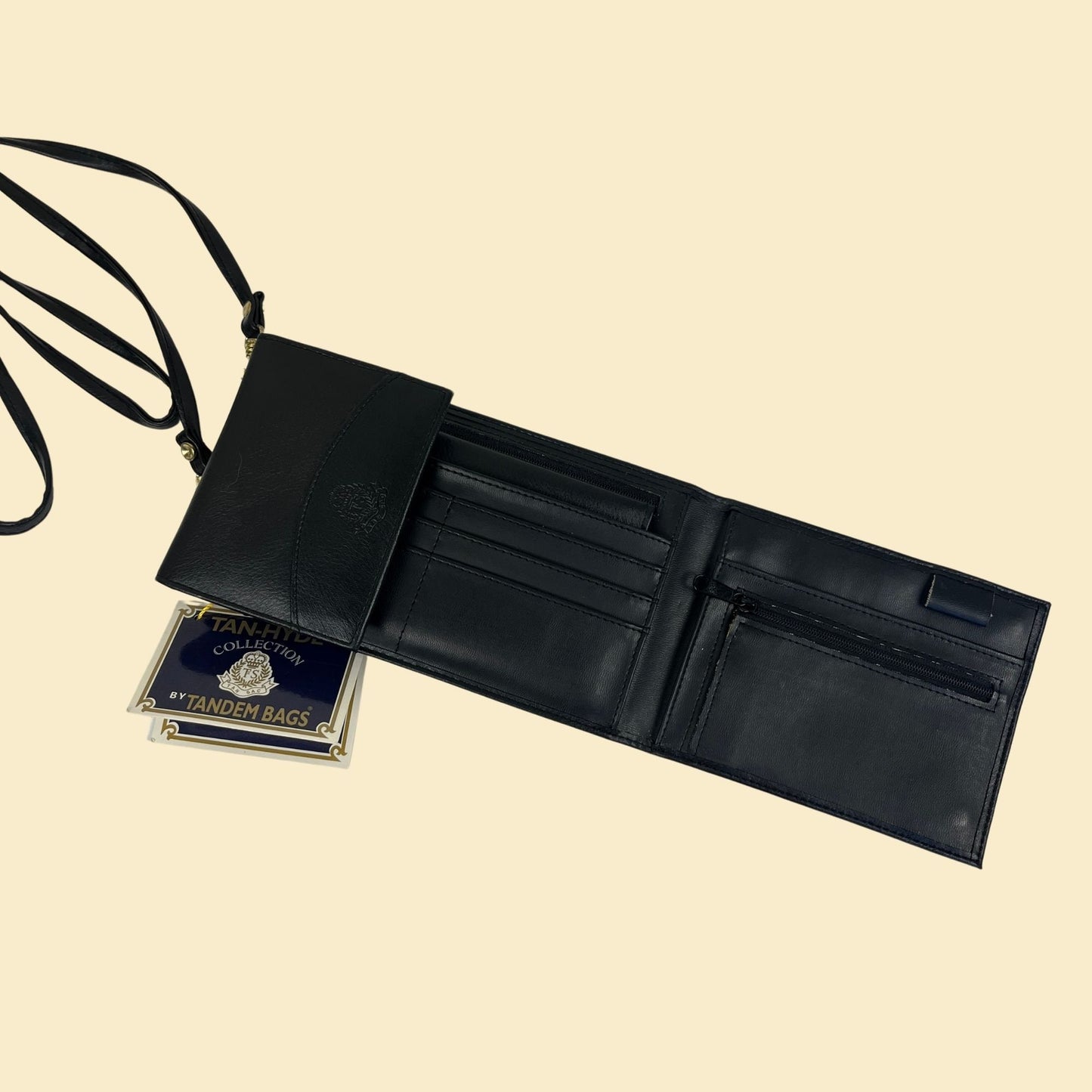 1990s black shoulder bag wallet by Tandem Bags, vintage 90s leather crossbody wallet/purse