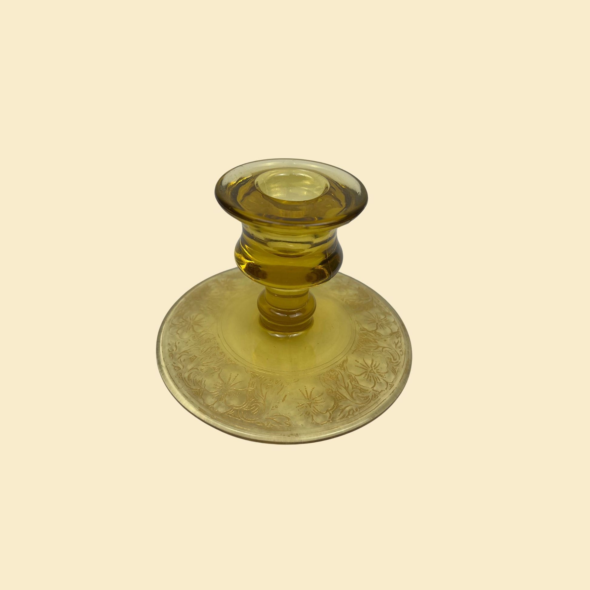 1940s yellow candlestick holder, vintage amber-yellow & gold flower taper candle holder