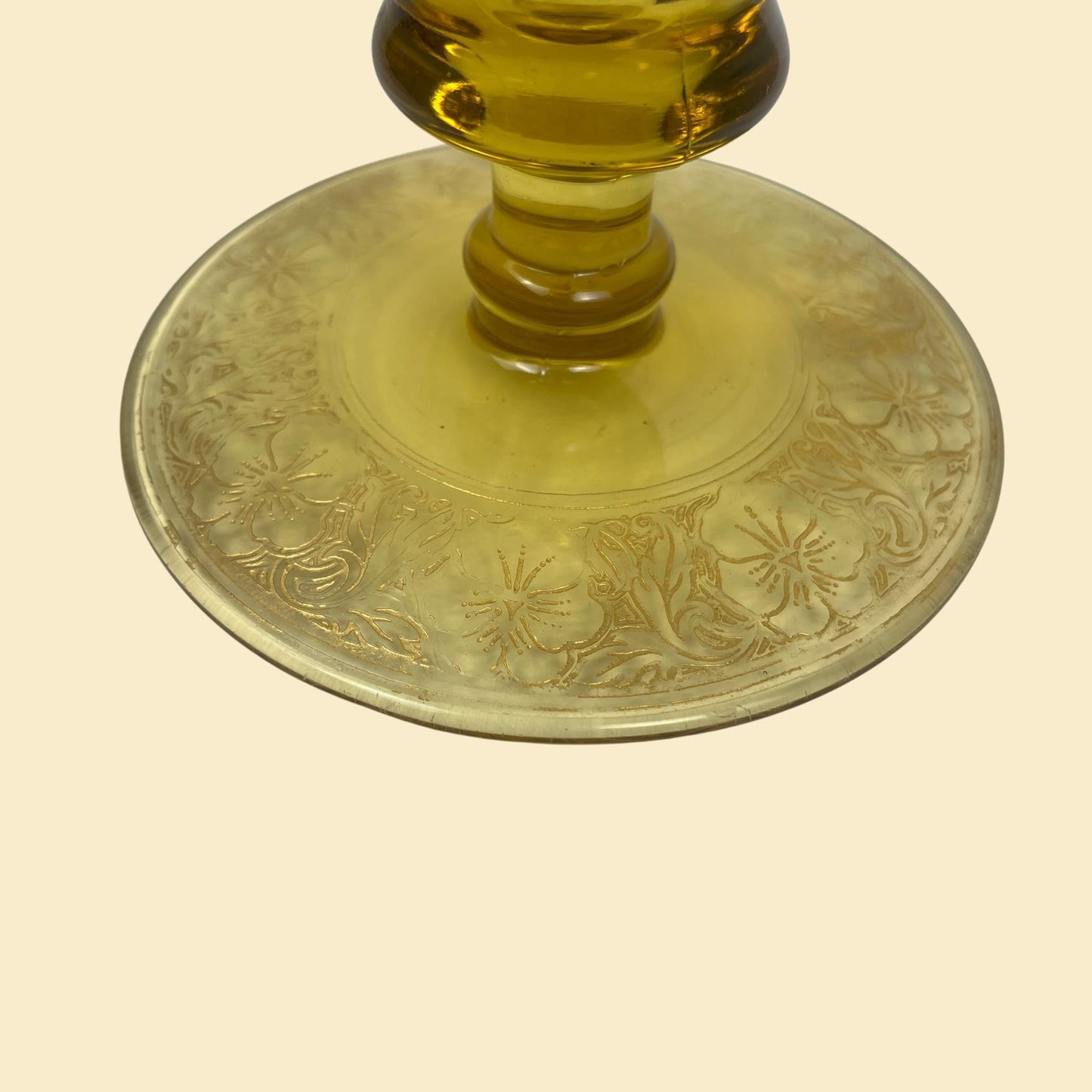 1940s yellow candlestick holder, vintage amber-yellow & gold flower taper candle holder