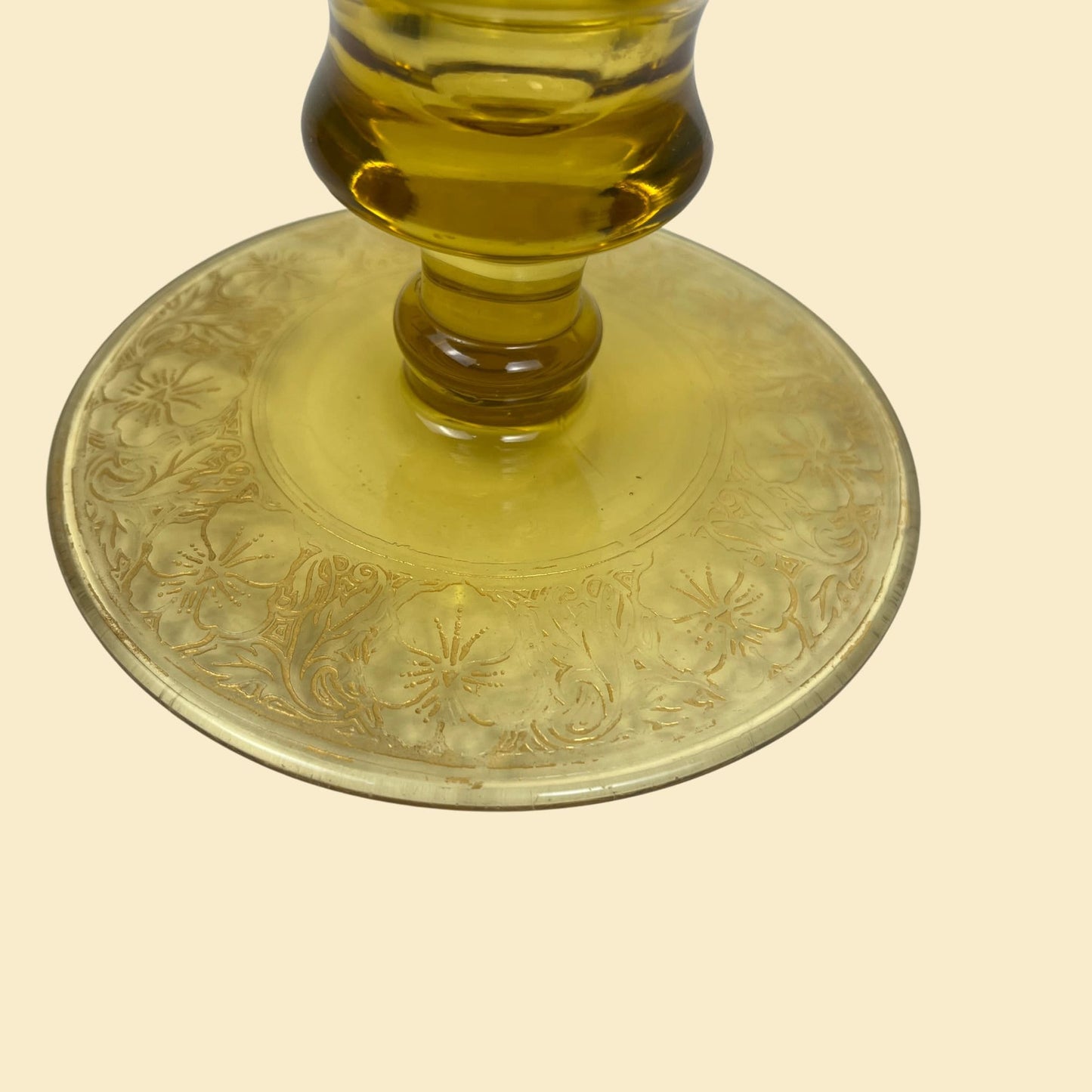 1940s yellow candlestick holder, vintage amber-yellow & gold flower taper candle holder