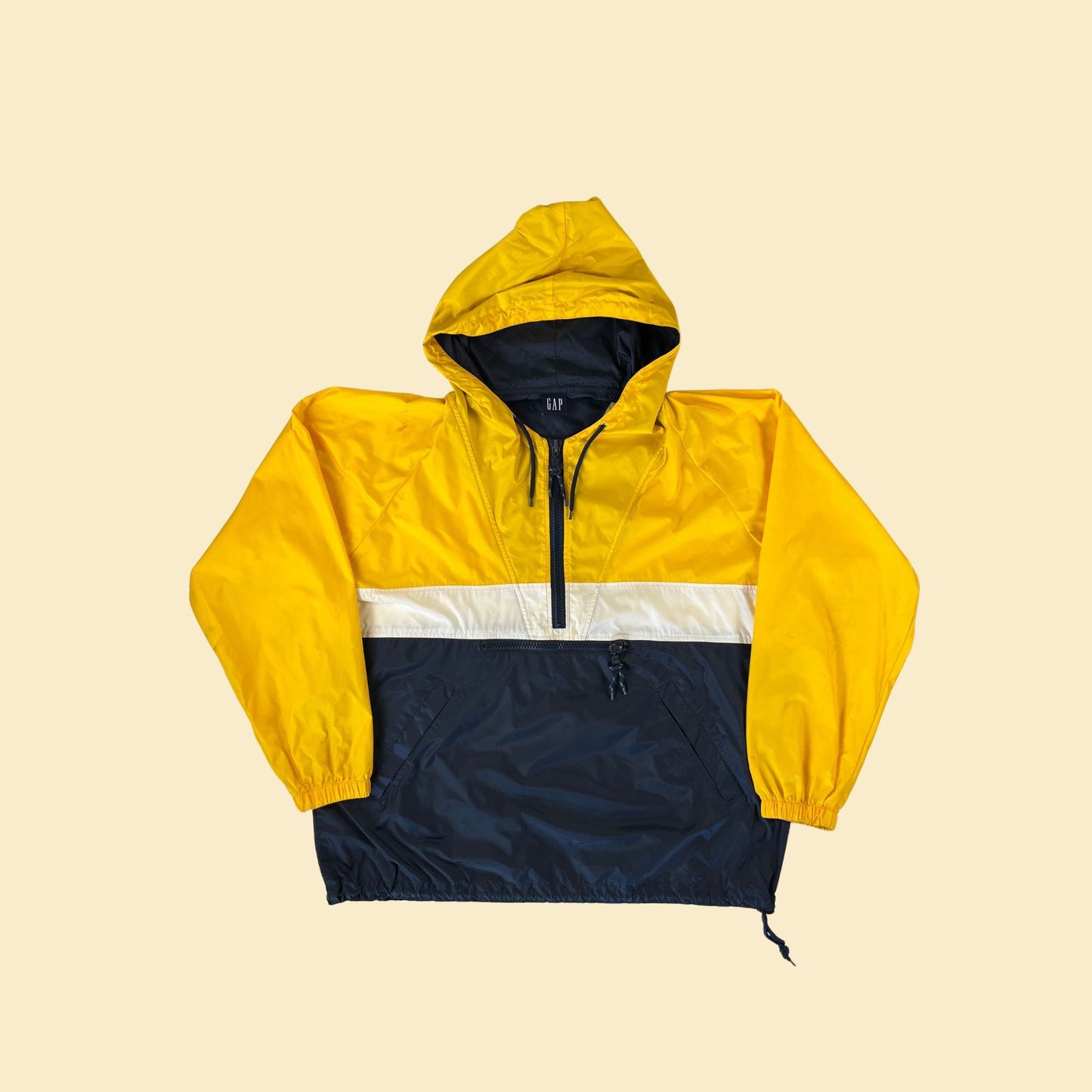 Vintage 90s GAP windbreaker, size L 1990s color block yellow & blue hooded windbreaker jacket