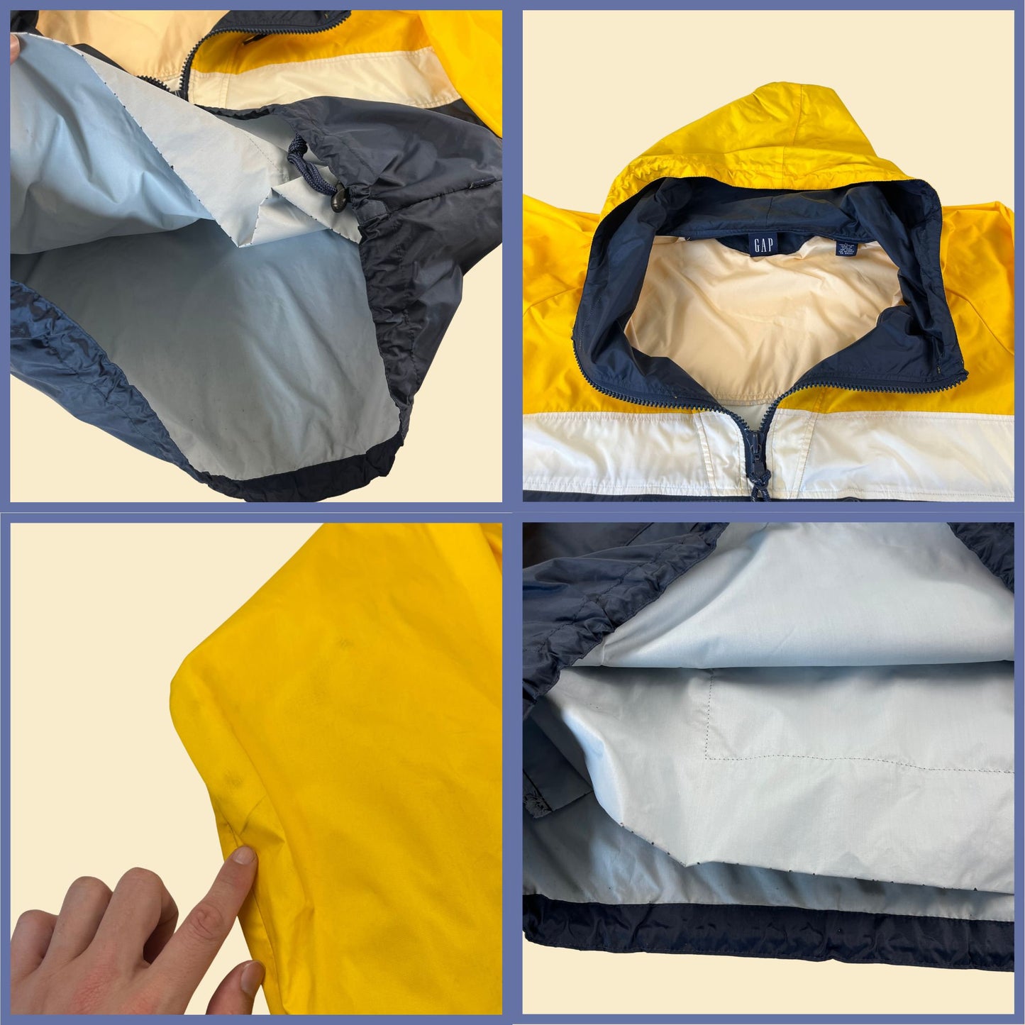 Vintage 90s GAP windbreaker, size L 1990s color block yellow & blue hooded windbreaker jacket