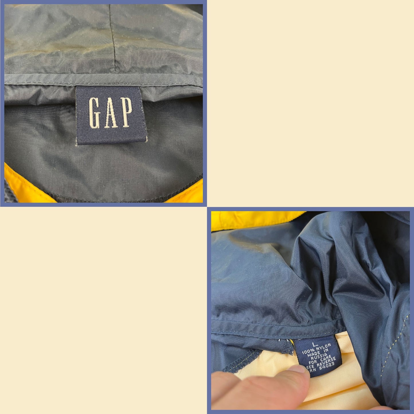 Vintage 90s GAP windbreaker, size L 1990s color block yellow & blue hooded windbreaker jacket