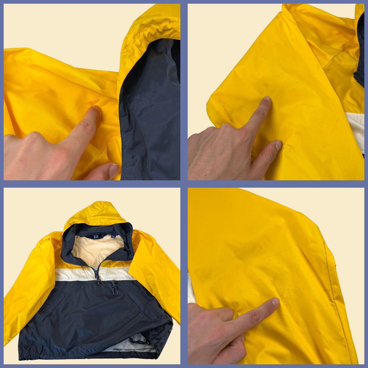 Vintage 90s GAP windbreaker, size L 1990s color block yellow & blue hooded windbreaker jacket