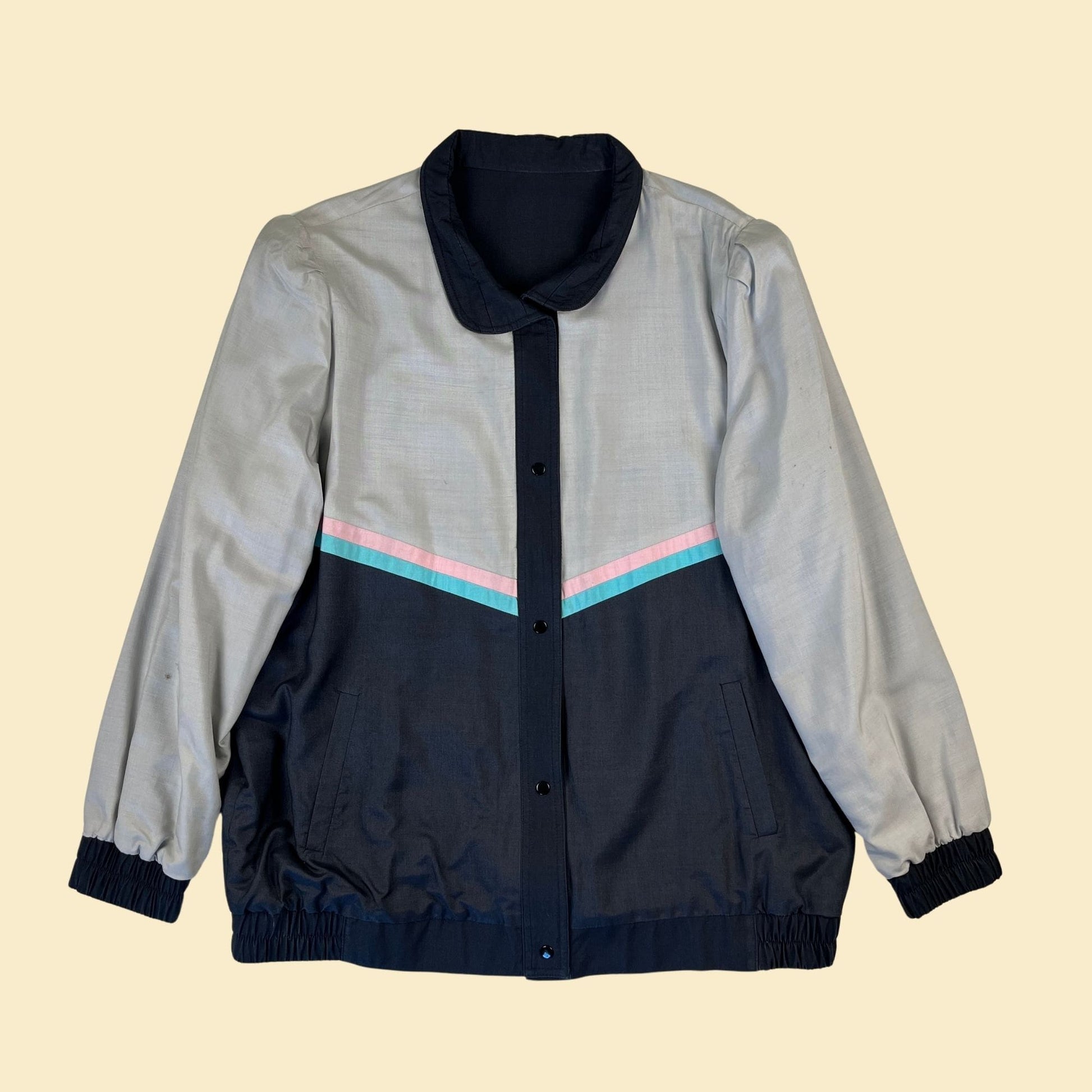 90s silk reversible windbreaker, size 18.5/38 vintage snap clasp jacket, black, blue & pink windbreaker