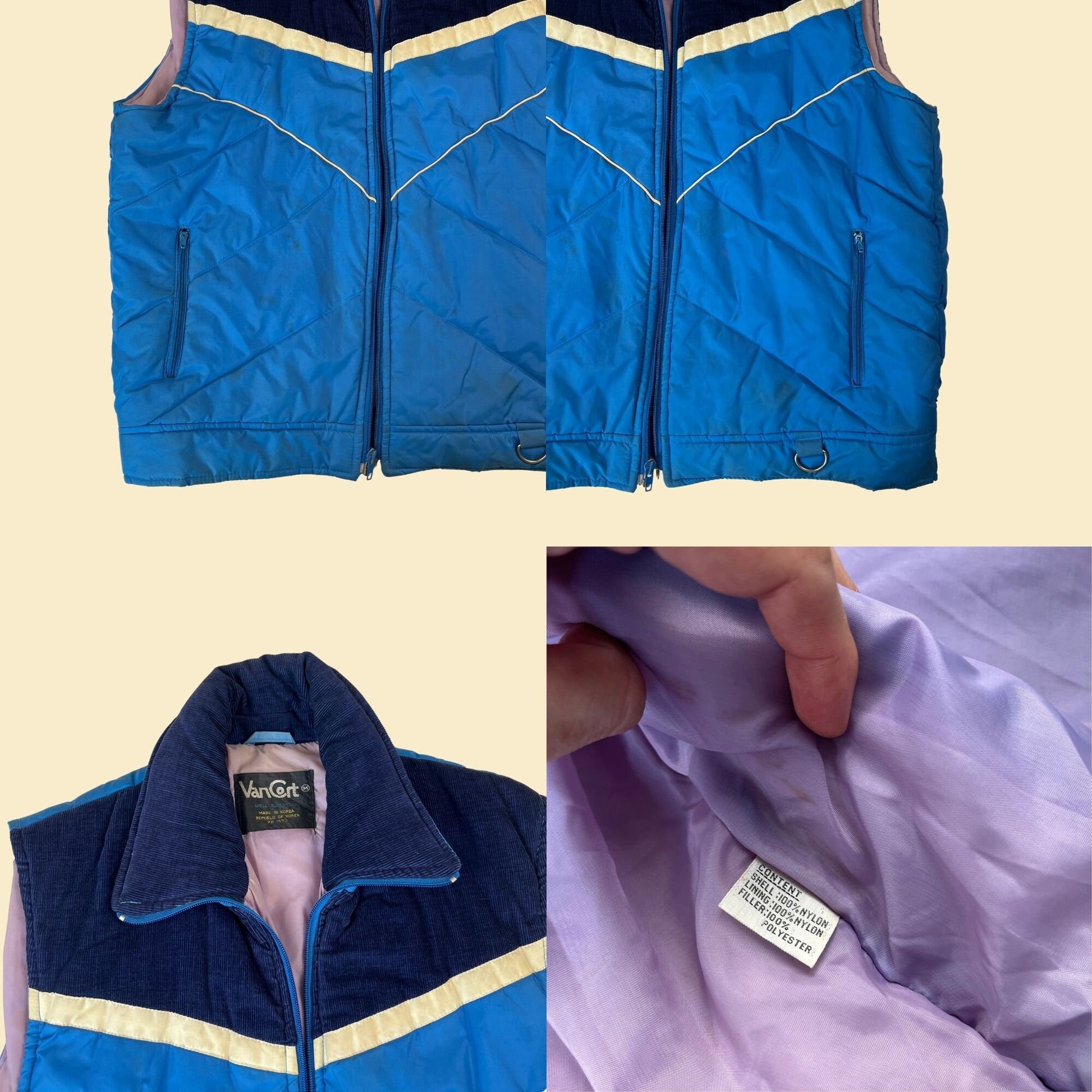 1980s blue nylon/corduroy puffer vest by VanCort, size M vintage 80s blue & white zip up vest