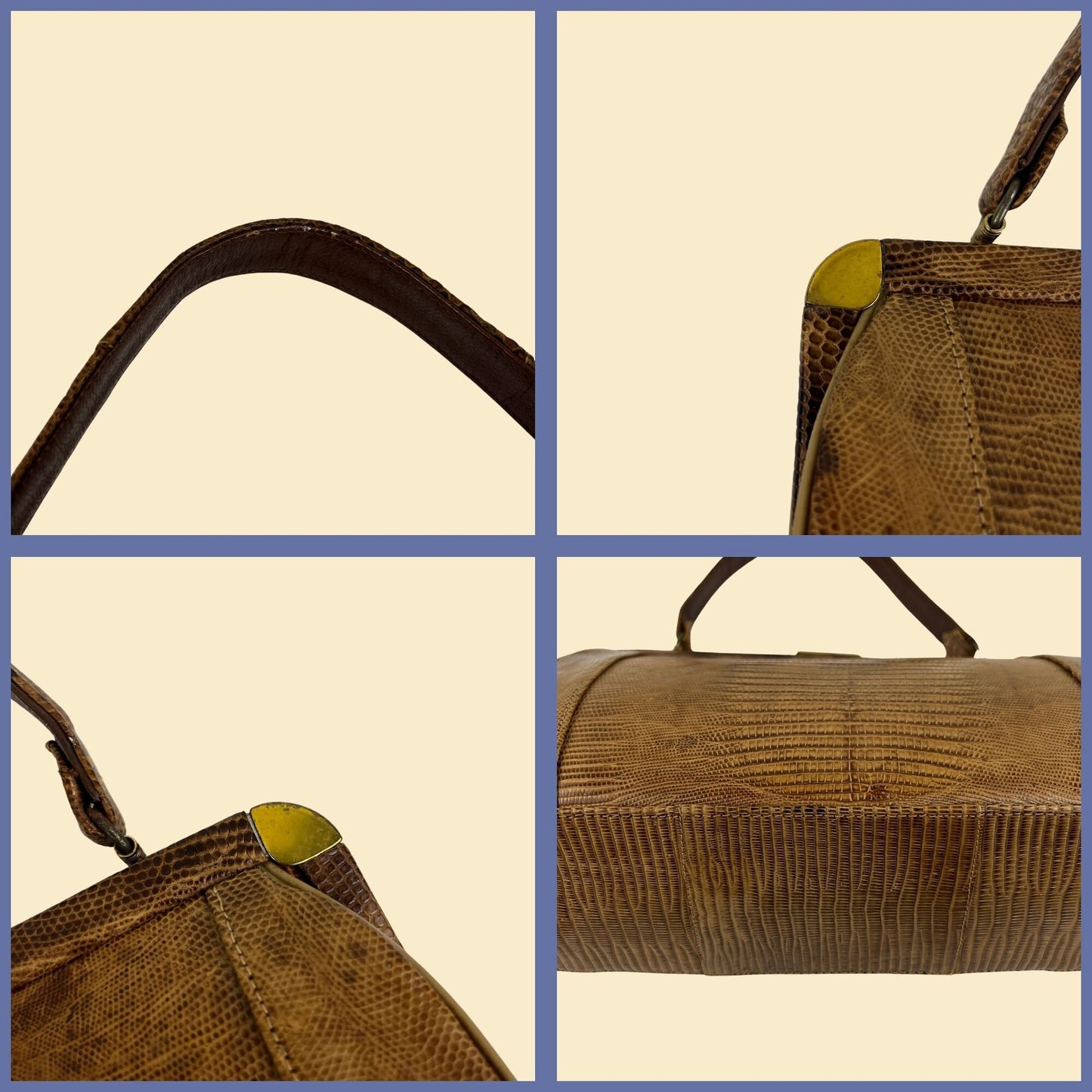 1960s snakeskin handbag, vintage 60s brown leather frame bag w/ top handle & brass hardware