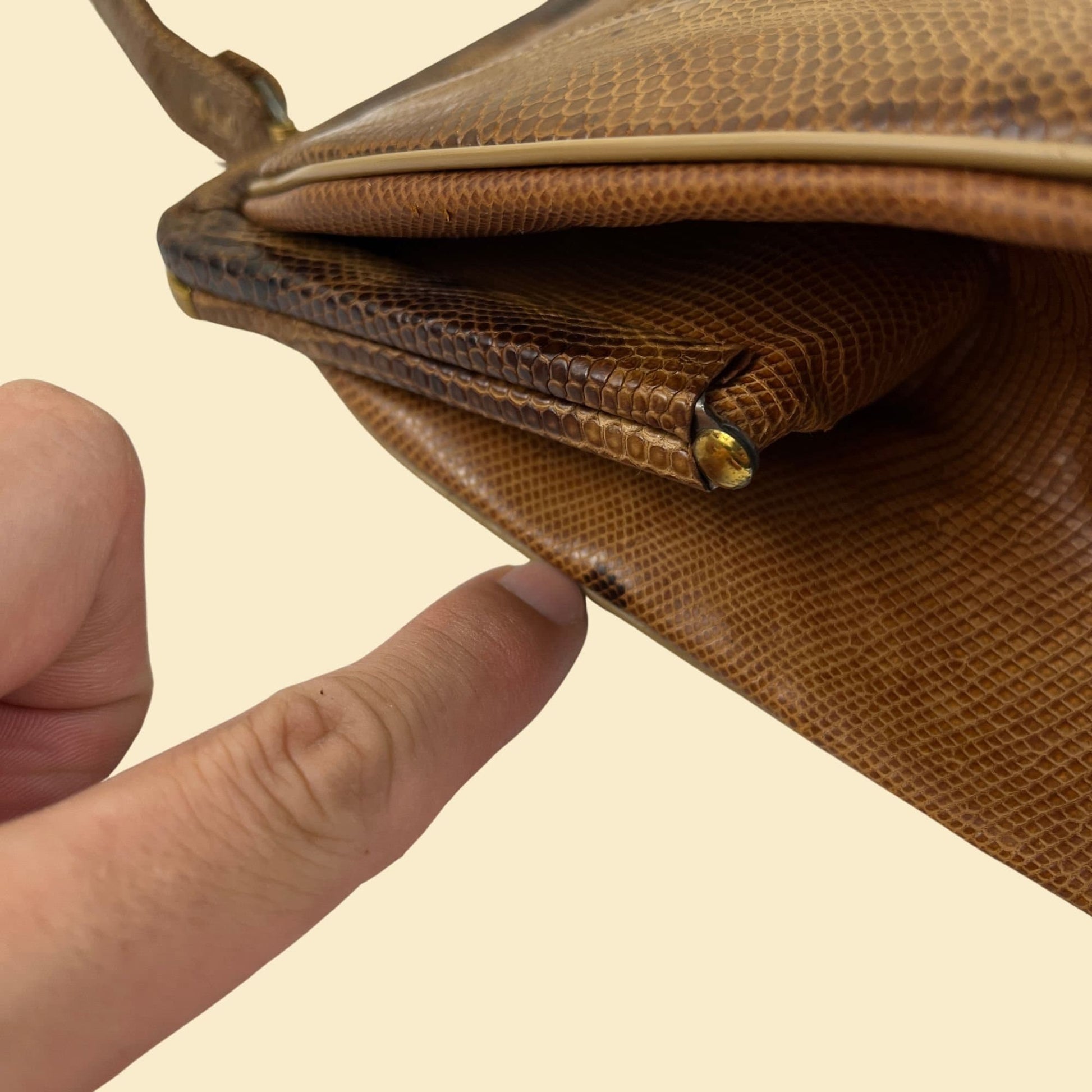 1960s snakeskin handbag, vintage 60s brown leather frame bag w/ top handle & brass hardware