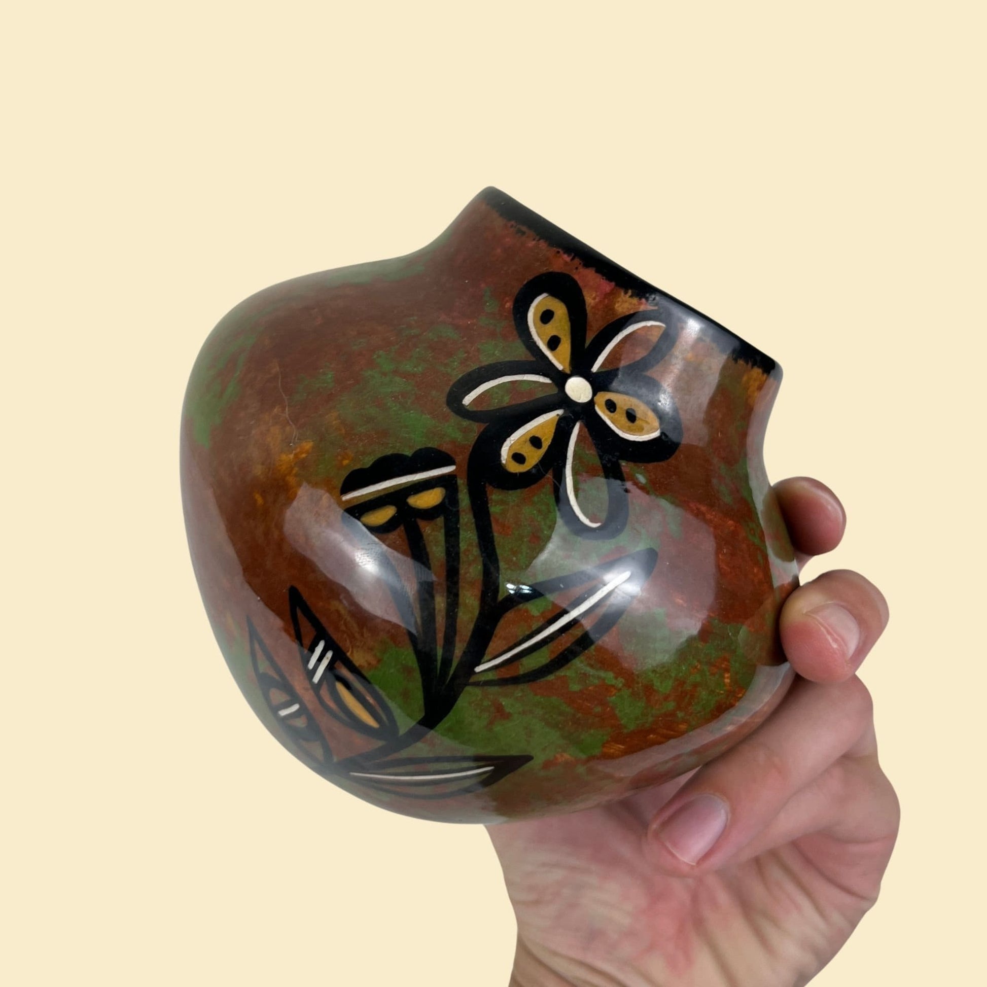 1970s San Pedro ceramic green bird & flower vase, vintage 70s brown and green ceramic pot