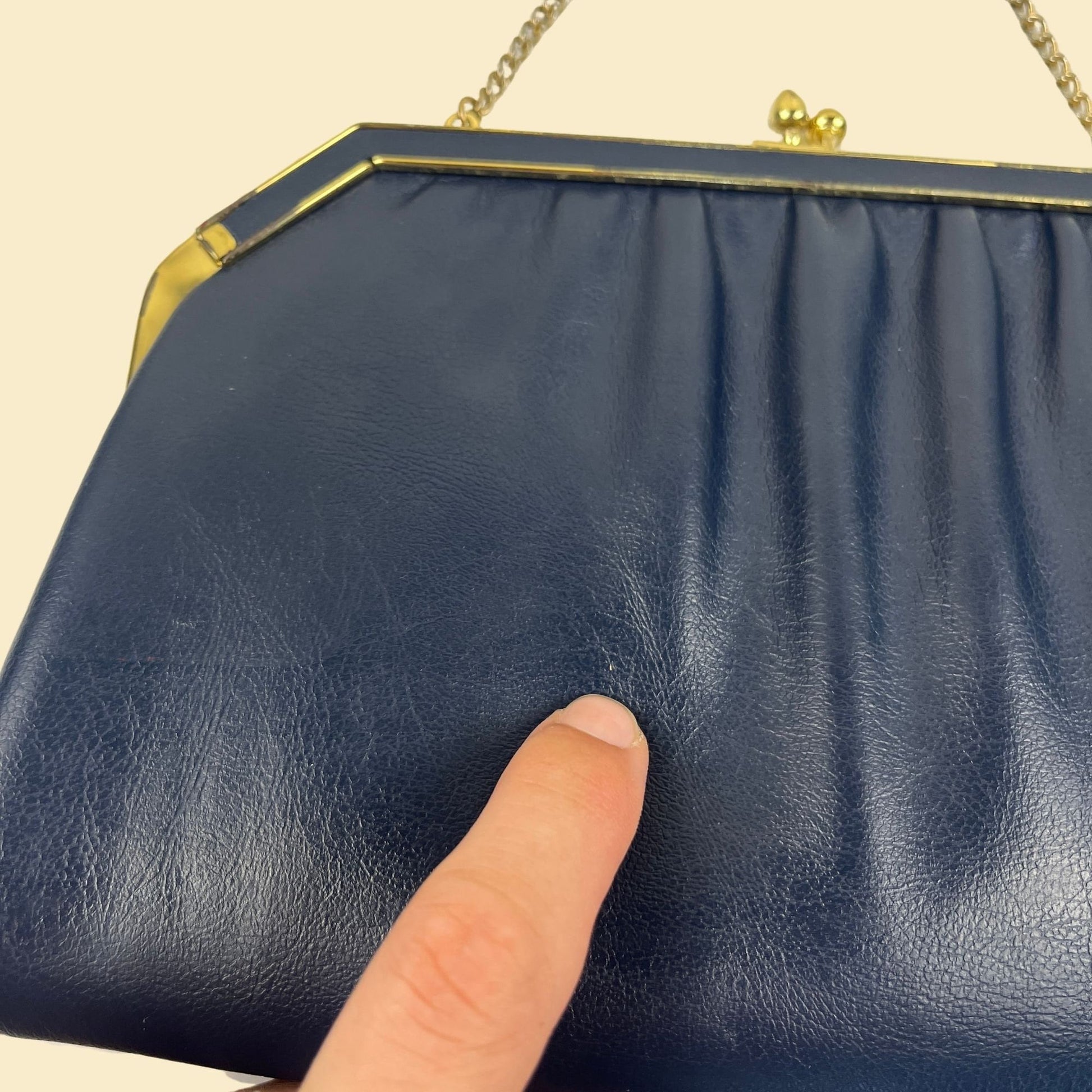 1970s blue leather handbag, vintage 70s soft leather clutch bag w/ chainlink shoulder strap