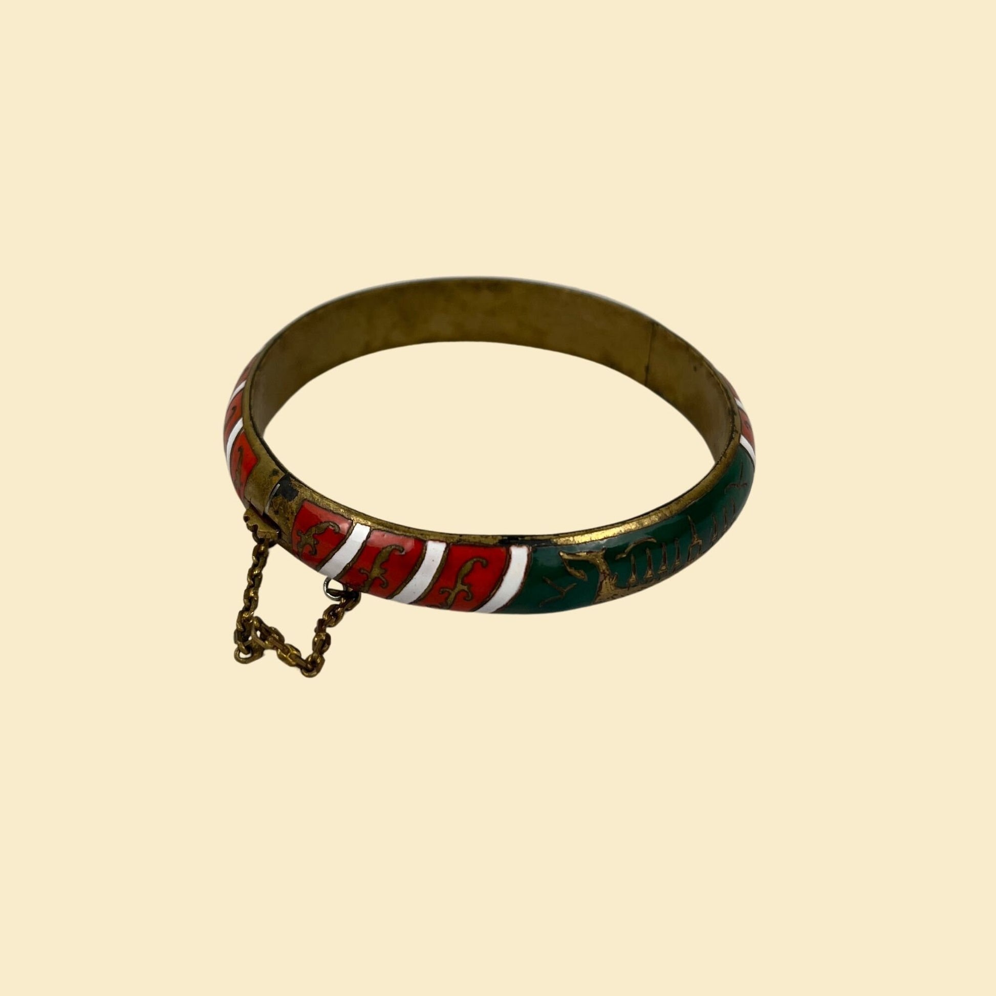 1940s cuff bracelet w/ Royal Barge of Thailand design, enamel/brass green, red, & white metal cuff bracelet