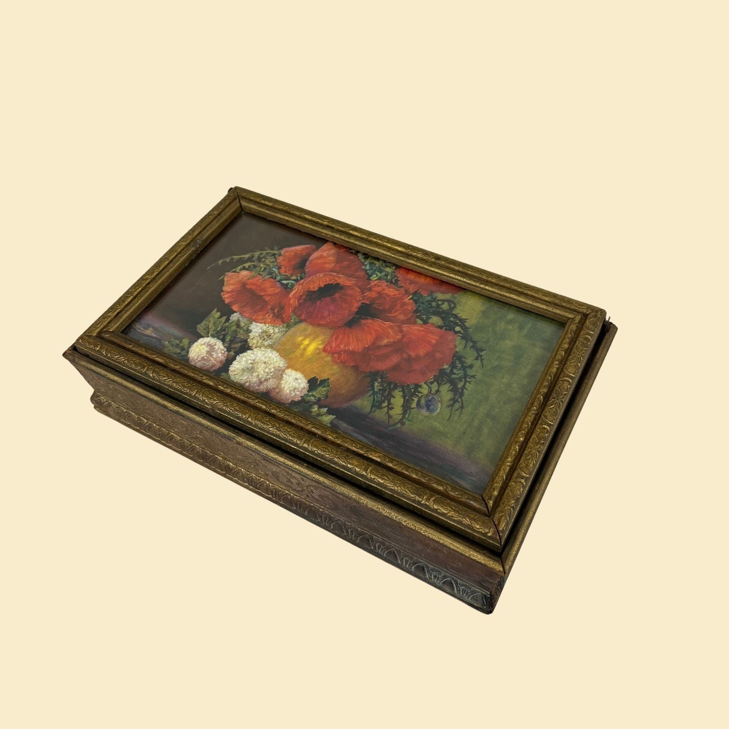 1970s gold-tone wooden box w/ floral framed print lid, vintage 70s red & white flower box