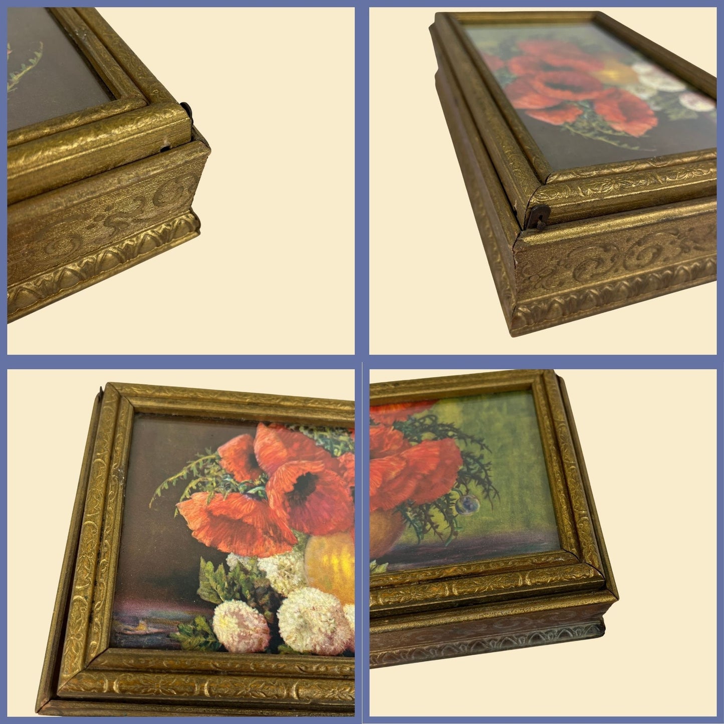 1970s gold-tone wooden box w/ floral framed print lid, vintage 70s red & white flower box