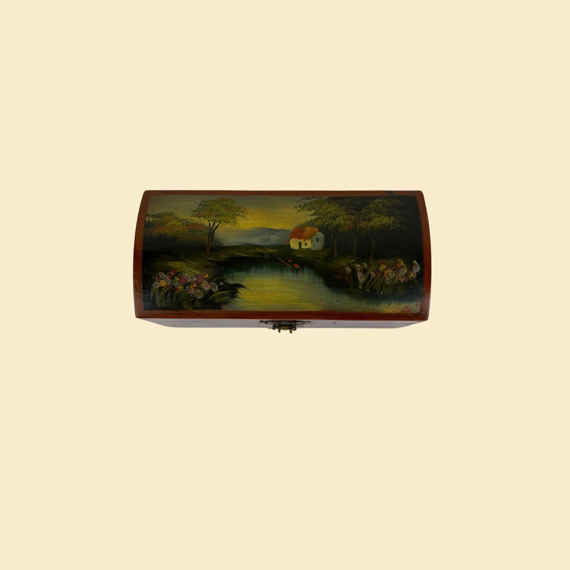 1960s hand-painted wooden box w/ landscape scene, vintage 60s wooden latch box