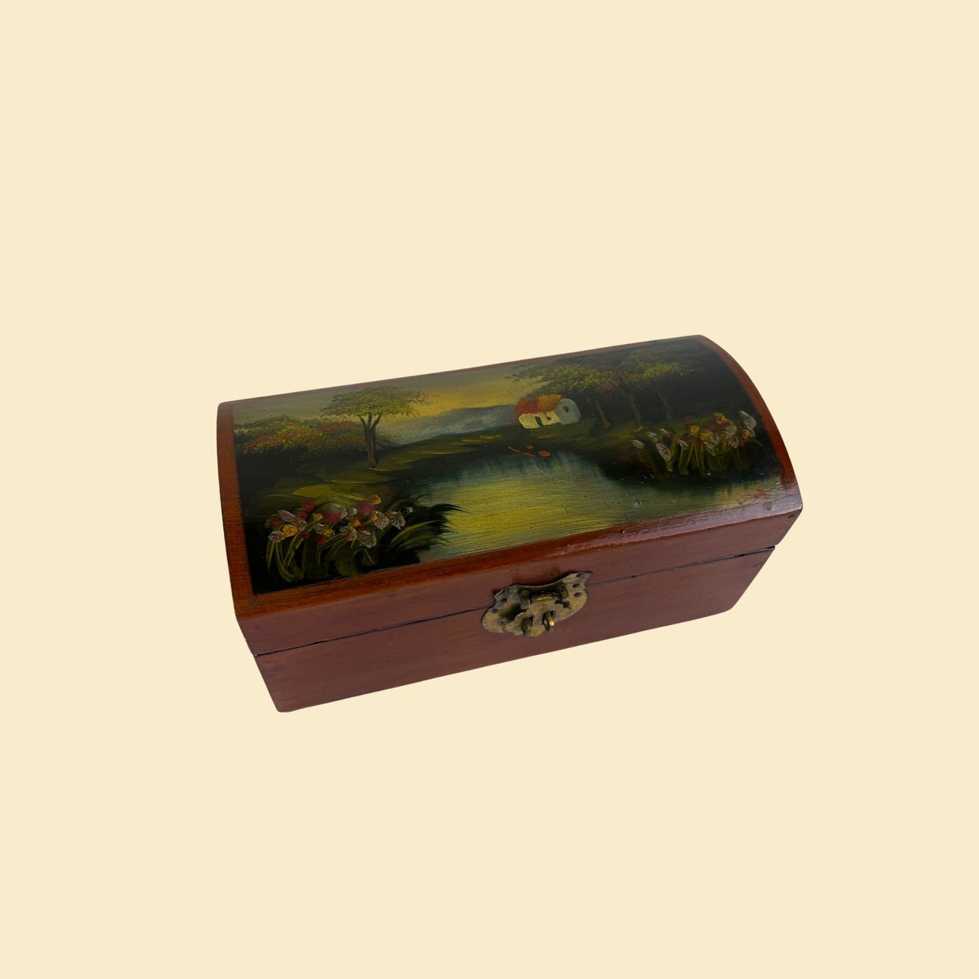 1960s hand-painted wooden box w/ landscape scene, vintage 60s wooden latch box