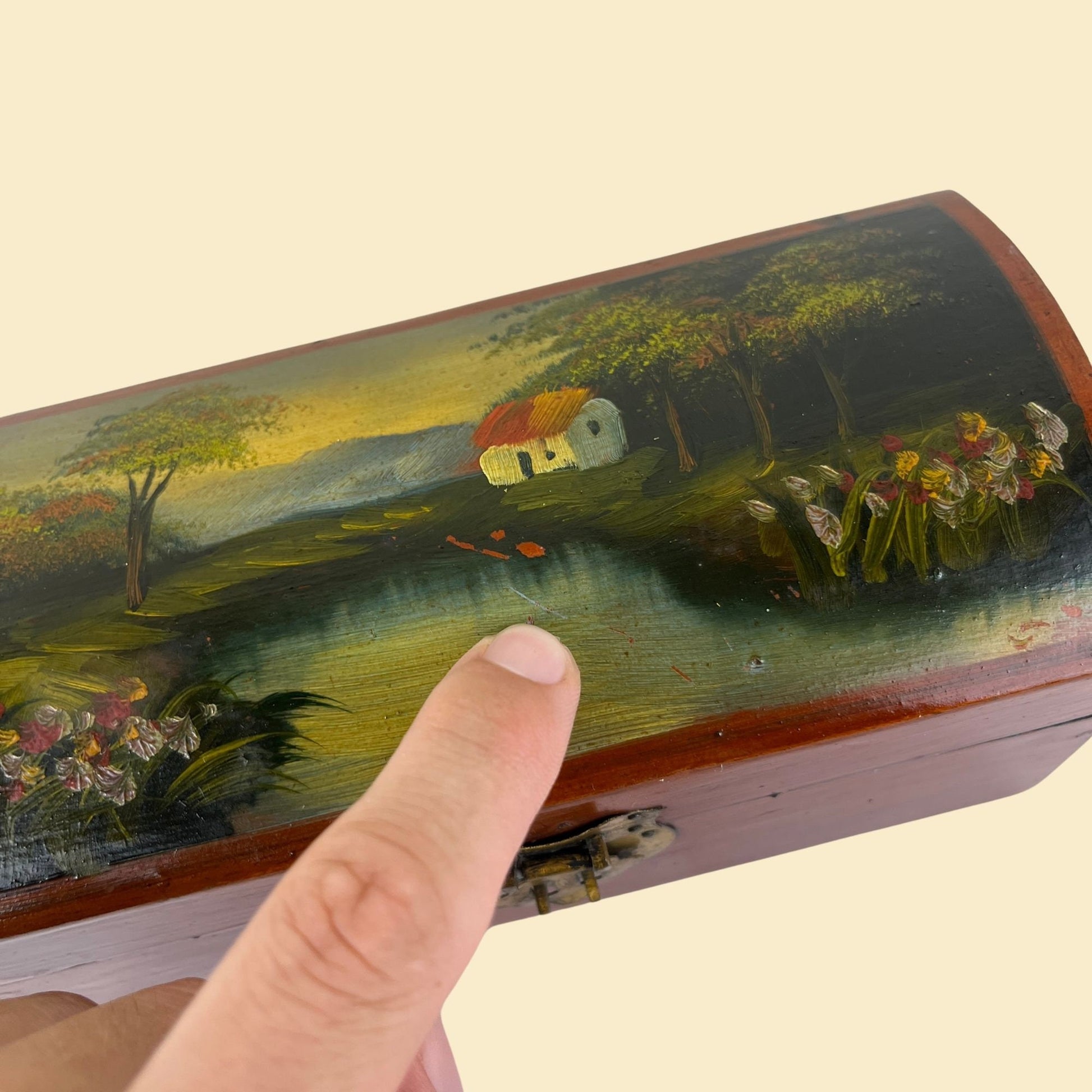 1960s hand-painted wooden box w/ landscape scene, vintage 60s wooden latch box