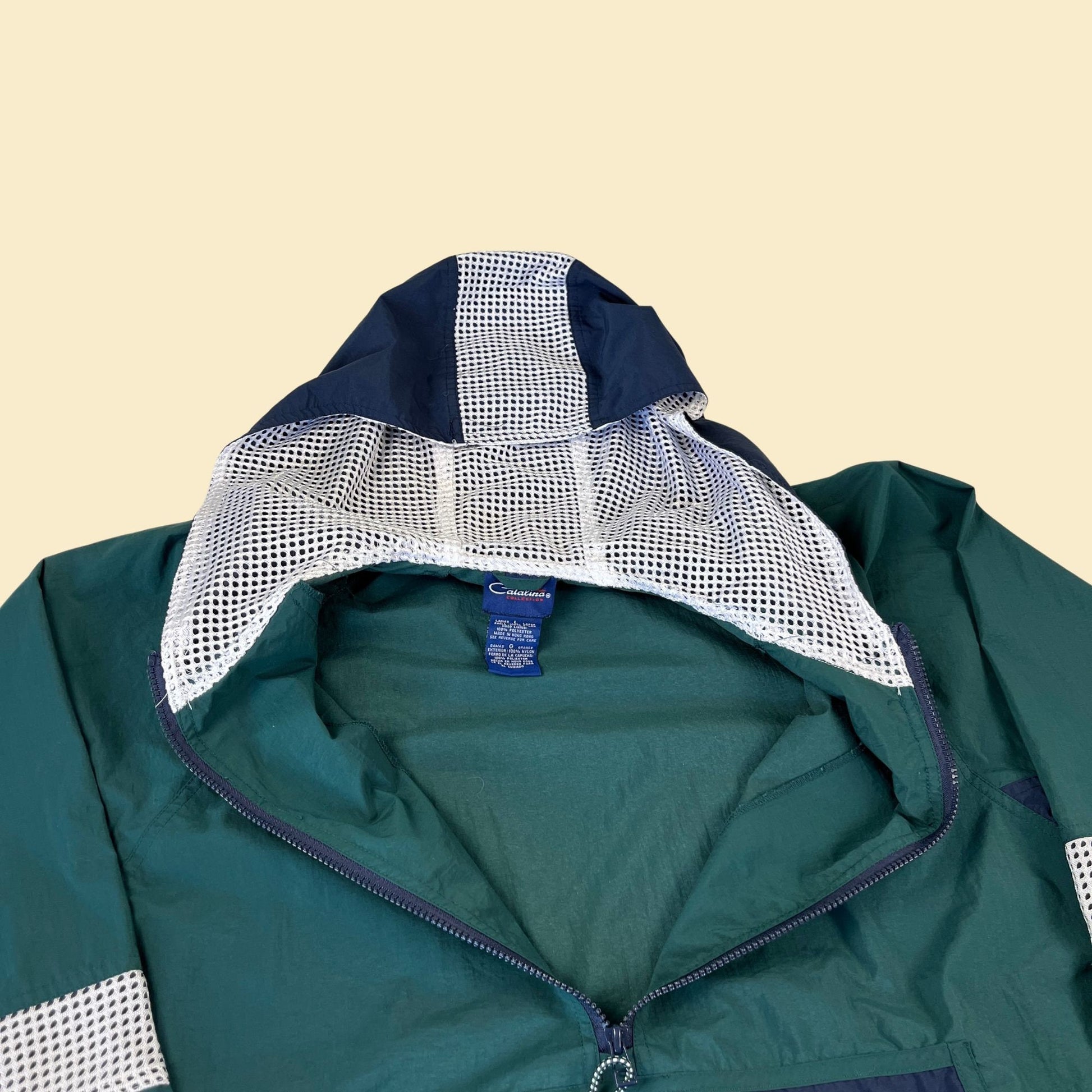 Vintage 90s windbreaker by Catalina, 1990s size L blue & green hooded pullover jacket w/ mesh patches